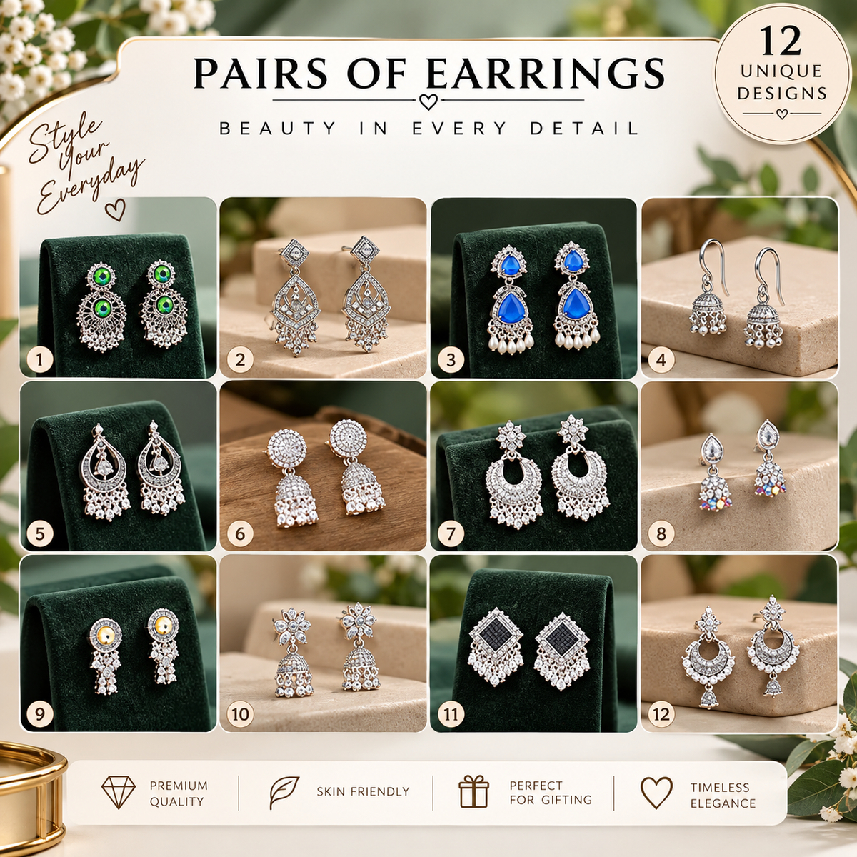 Set of 12 Oxidized Earrings for Women