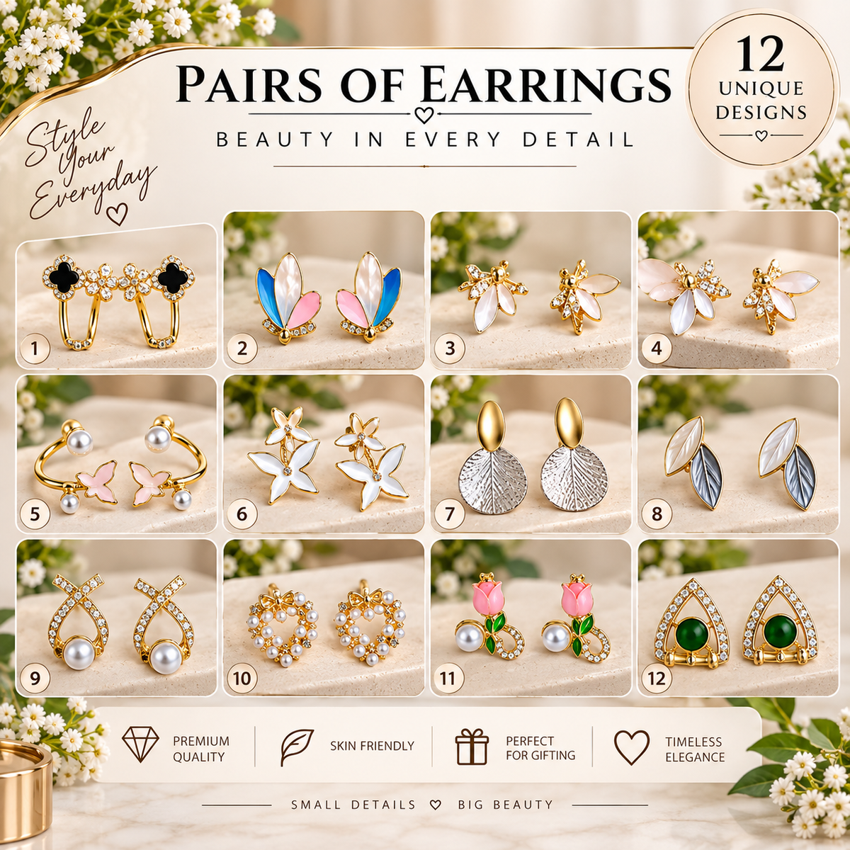 Stylish Earrings for Women – 12 Pairs with Storage Case