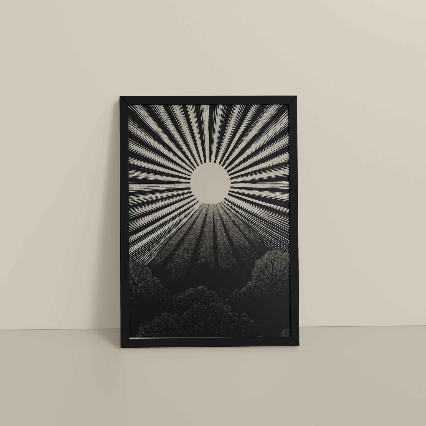 Floor View of Nature's Glow – Sunset & Trees Abstract Art Painting in Black Color Frame