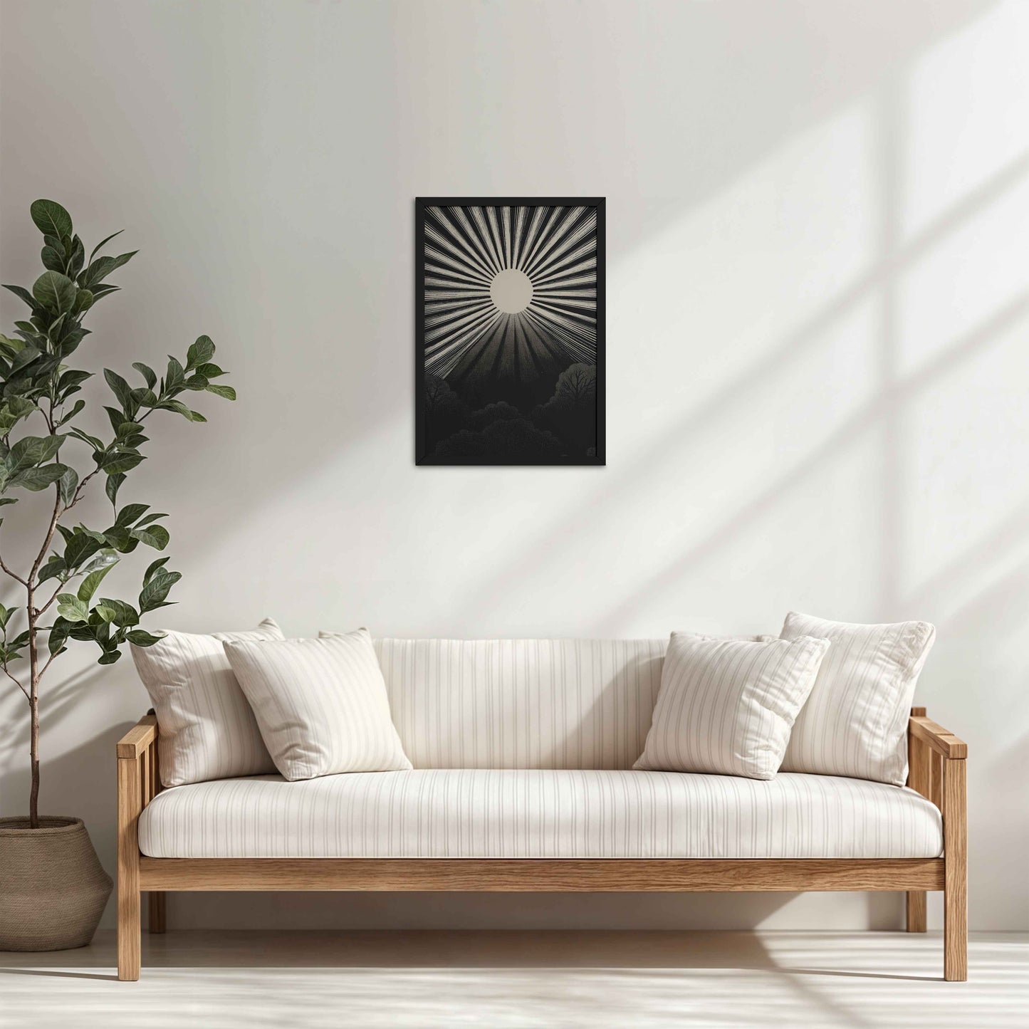 Living Room Cabinet Table Preview of Nature's Glow – Sunset & Trees Abstract Art Painting in Black Color Frame