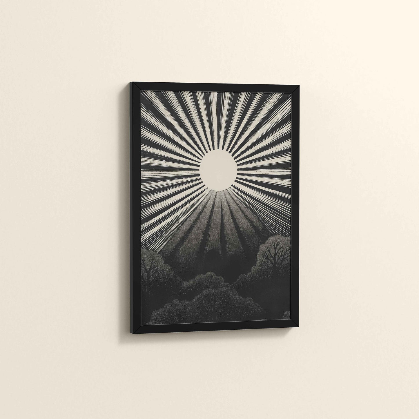 Side View of Nature's Glow – Sunset & Trees Abstract Art Painting in Black Color Frame