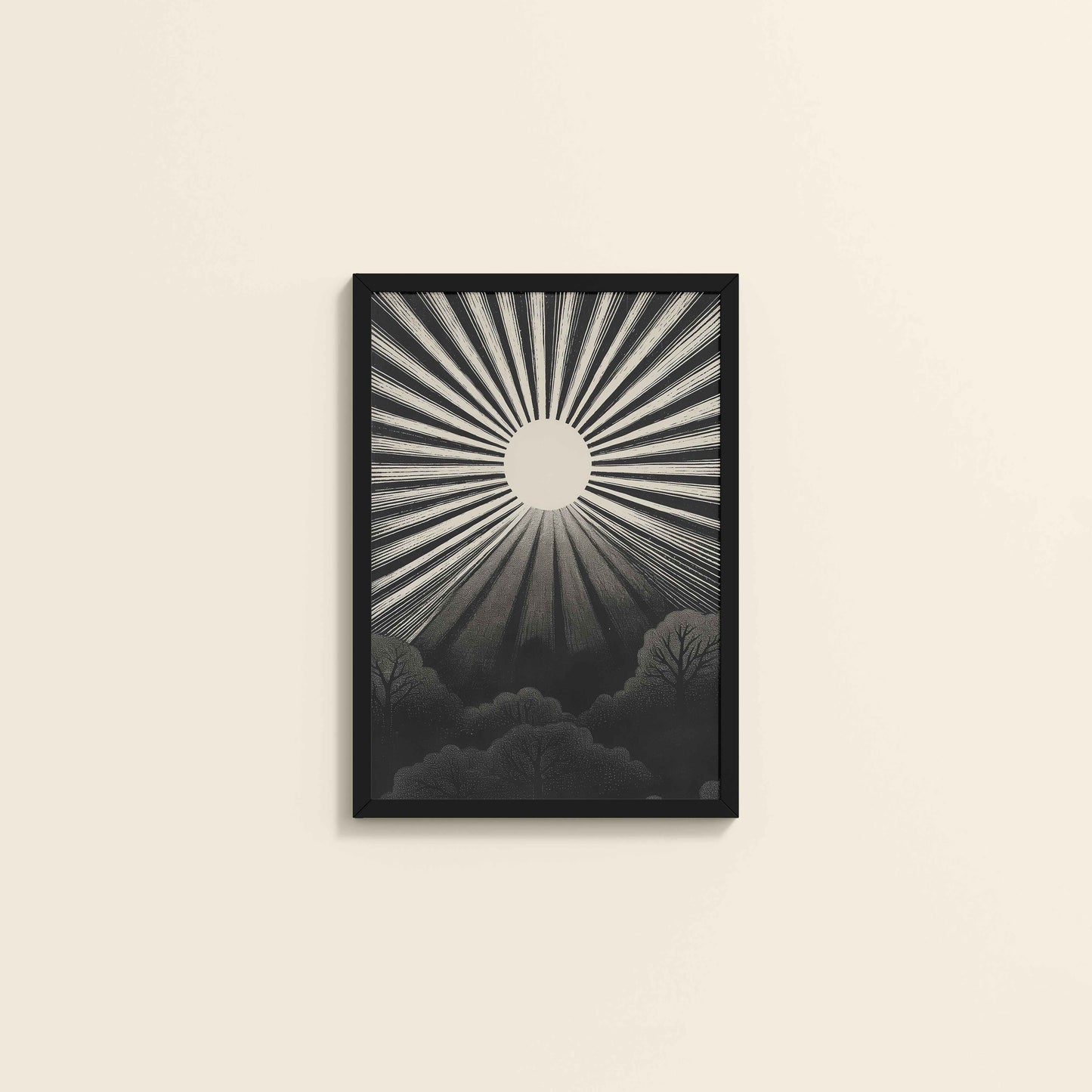 Wall View of Nature's Glow – Sunset & Trees Abstract Art Painting in Black Color Frame