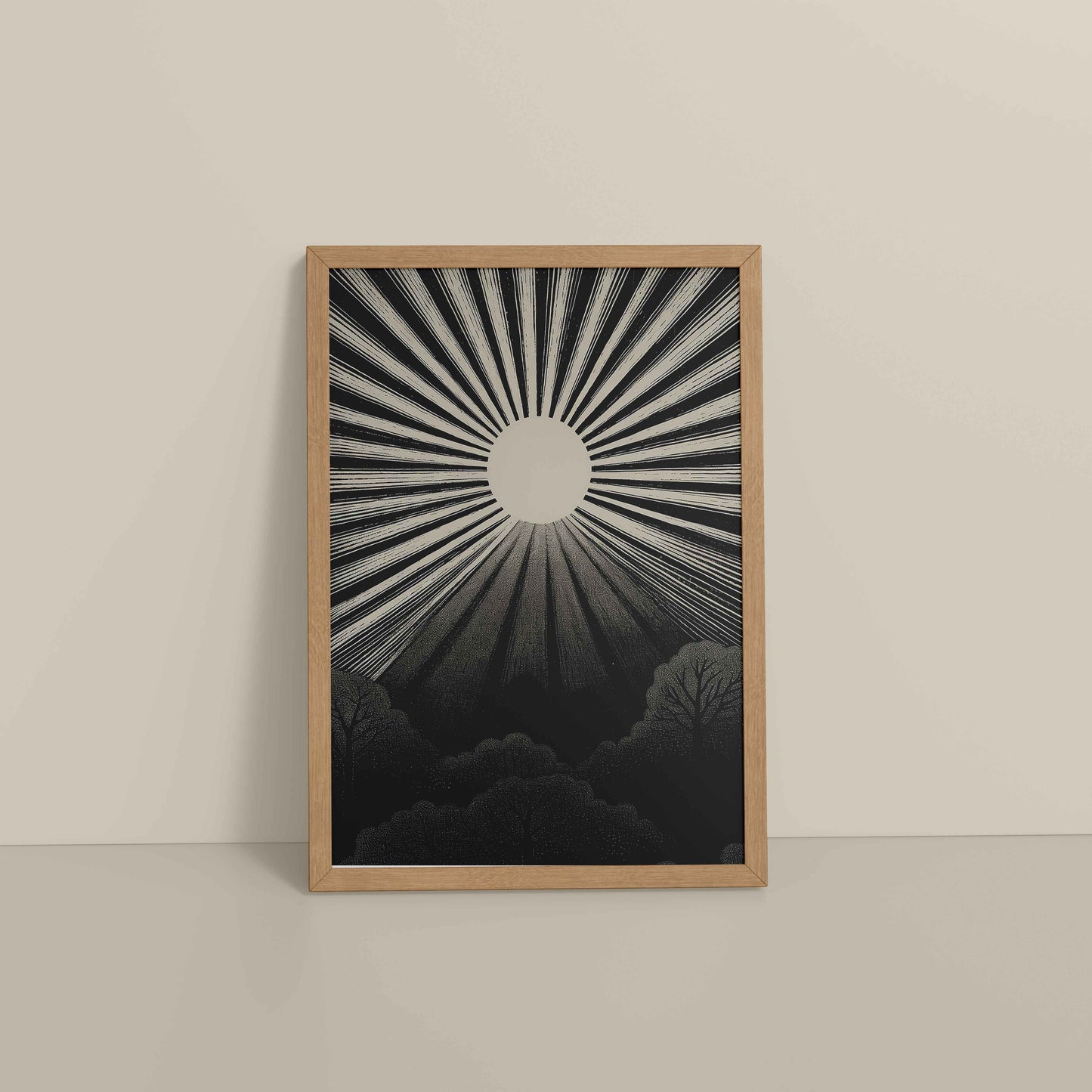 Floor View of Nature's Glow – Sunset & Trees Abstract Art Painting in Natrual Color Frame
