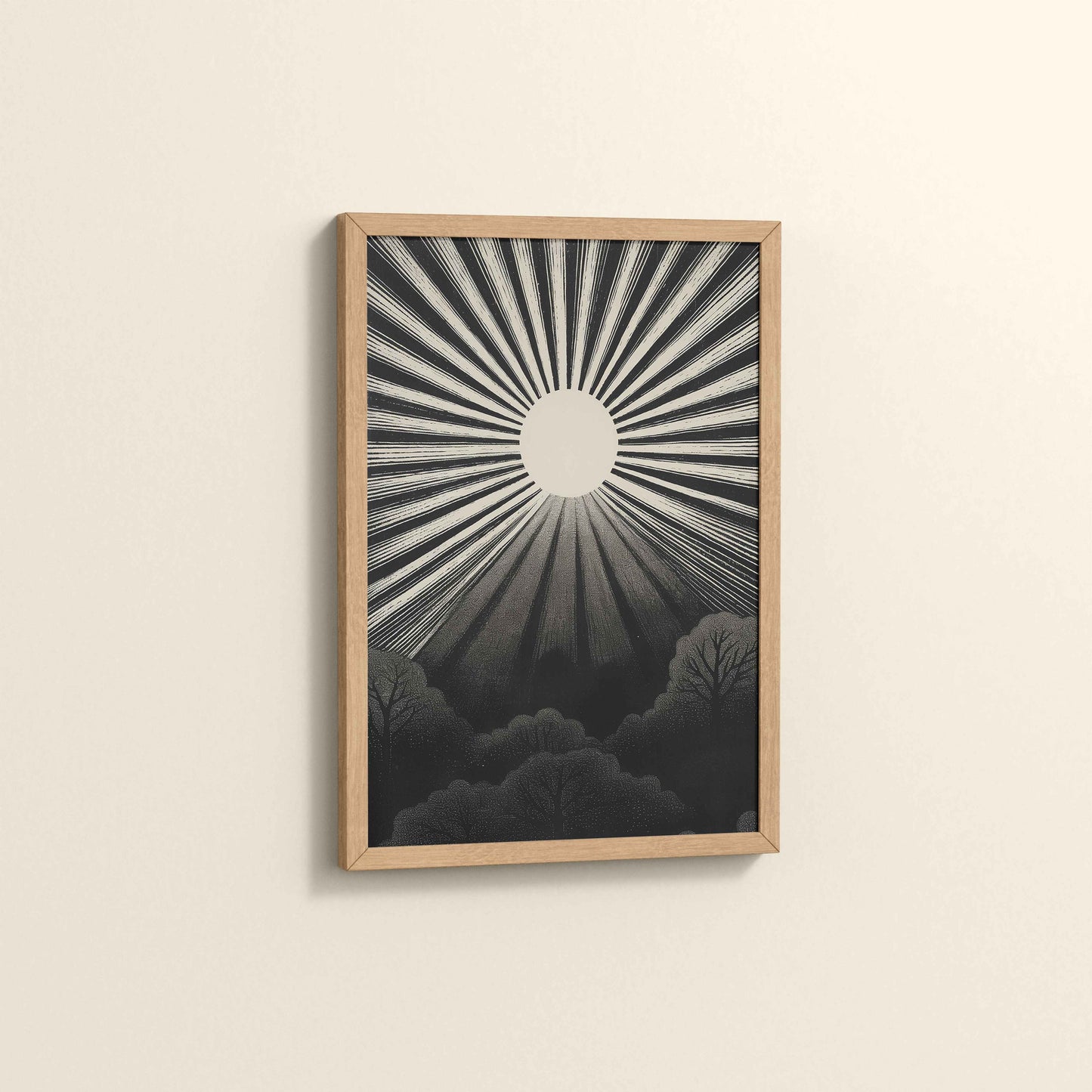 Side View of Nature's Glow – Sunset & Trees Abstract Art Painting in Natrual Color Frame