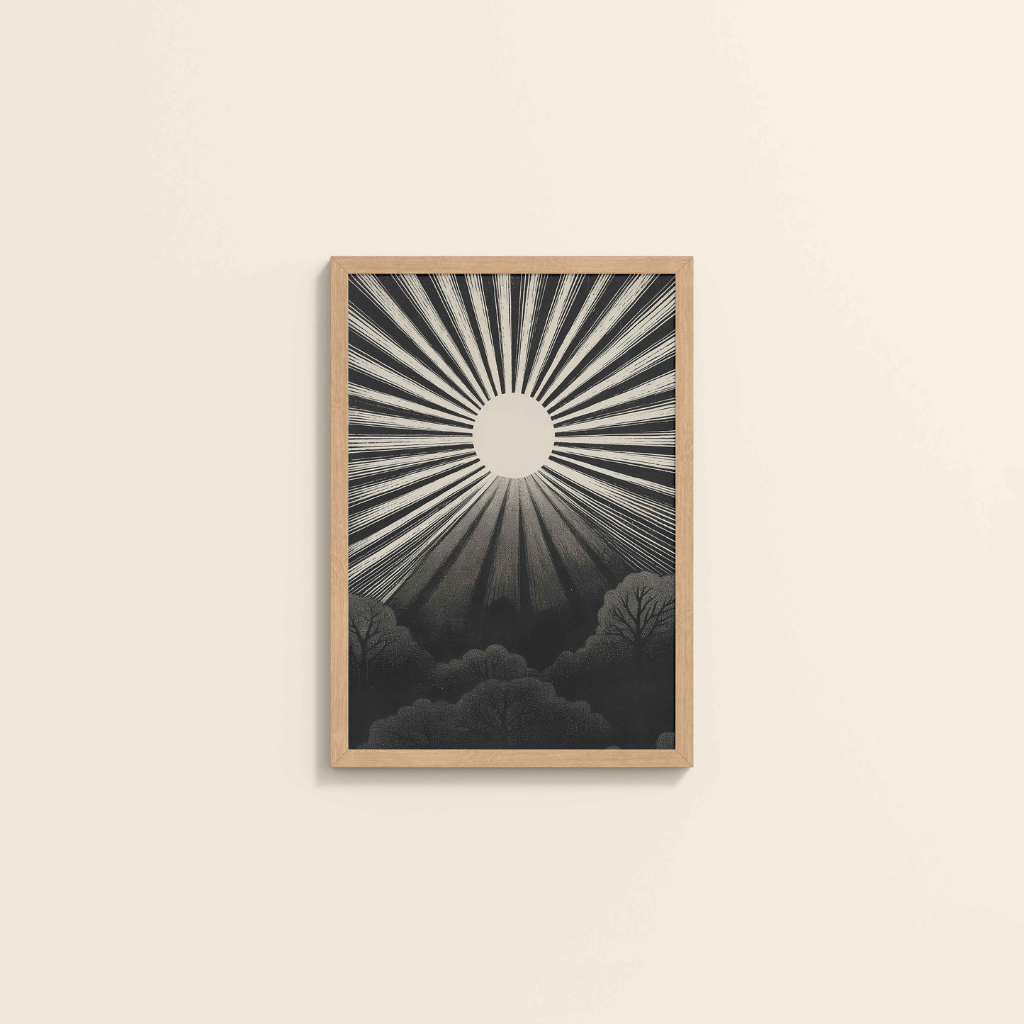 Wall View of Nature's Glow – Sunset & Trees Abstract Art Painting in Natrual Color Frame