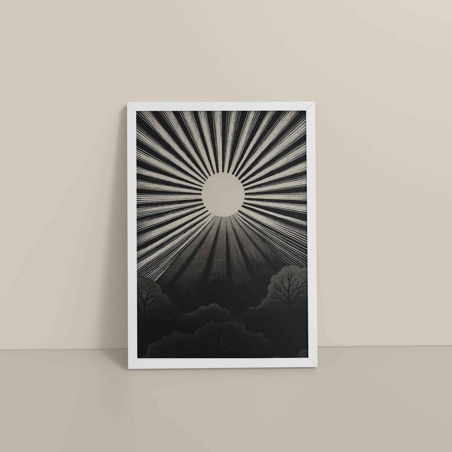 Floor View of Nature's Glow – Sunset & Trees Abstract Art Painting in White Color Frame