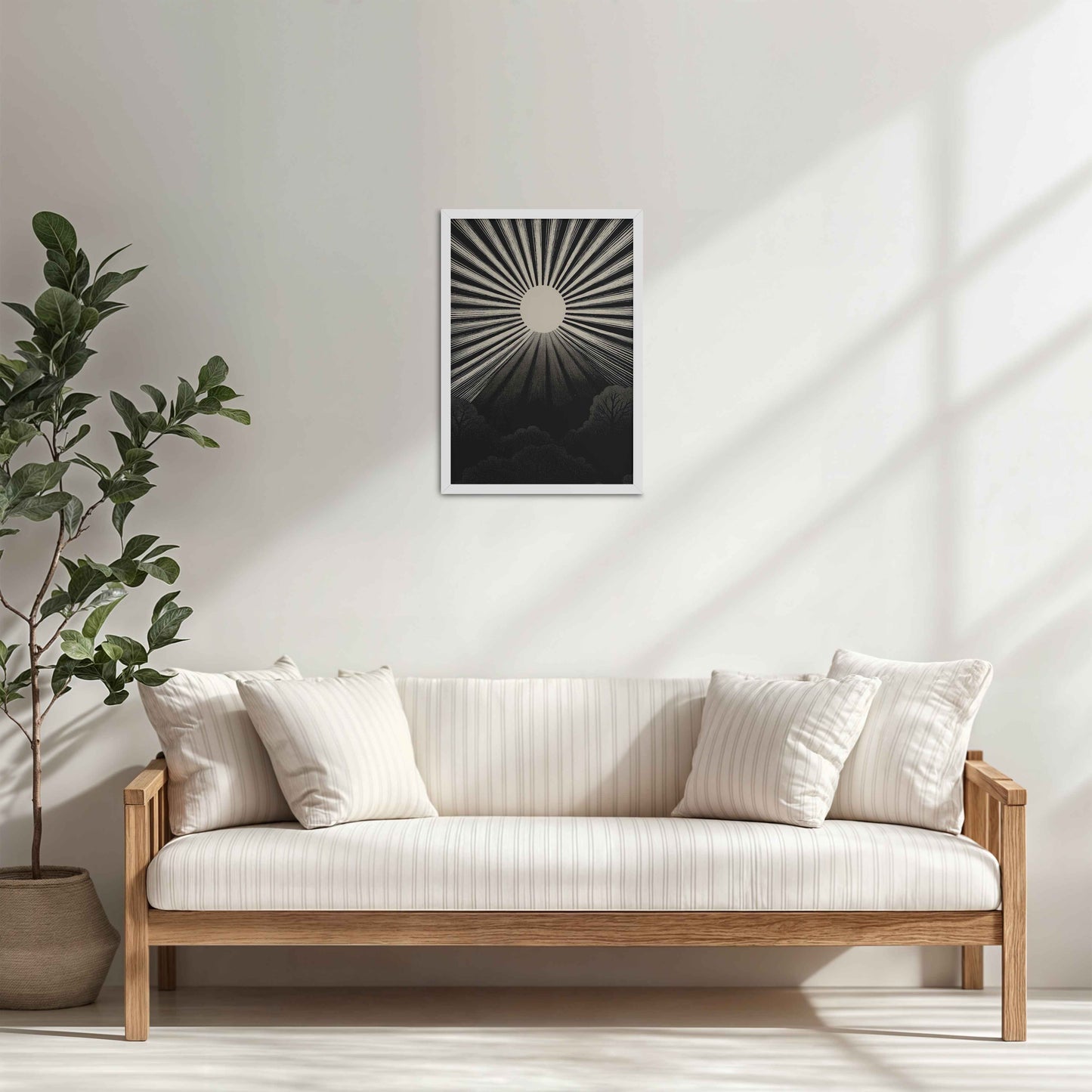 Living Room Cabinet Table Preview of Nature's Glow – Sunset & Trees Abstract Art Painting in White Color Frame