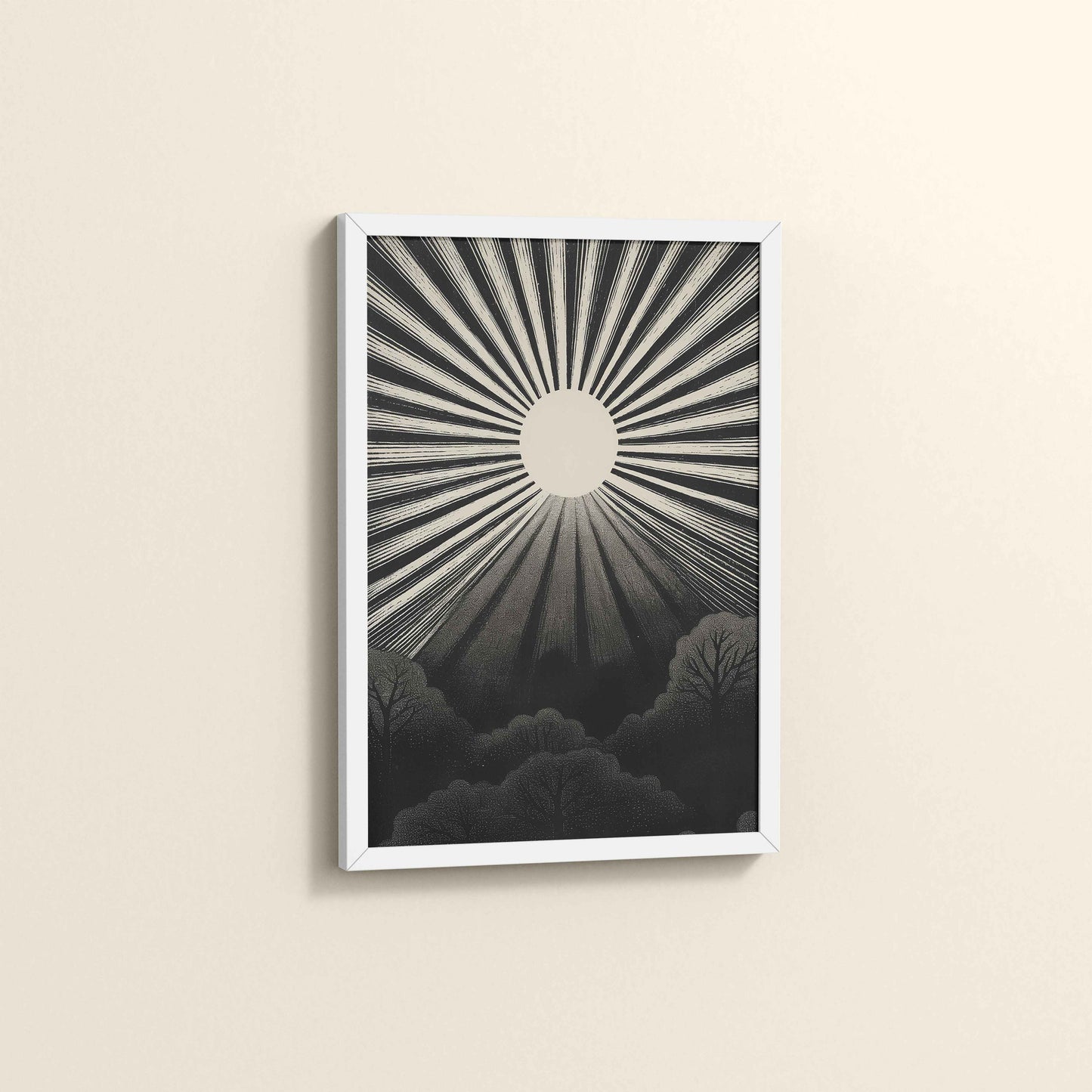 Side View of Nature's Glow – Sunset & Trees Abstract Art Painting in White Color Frame