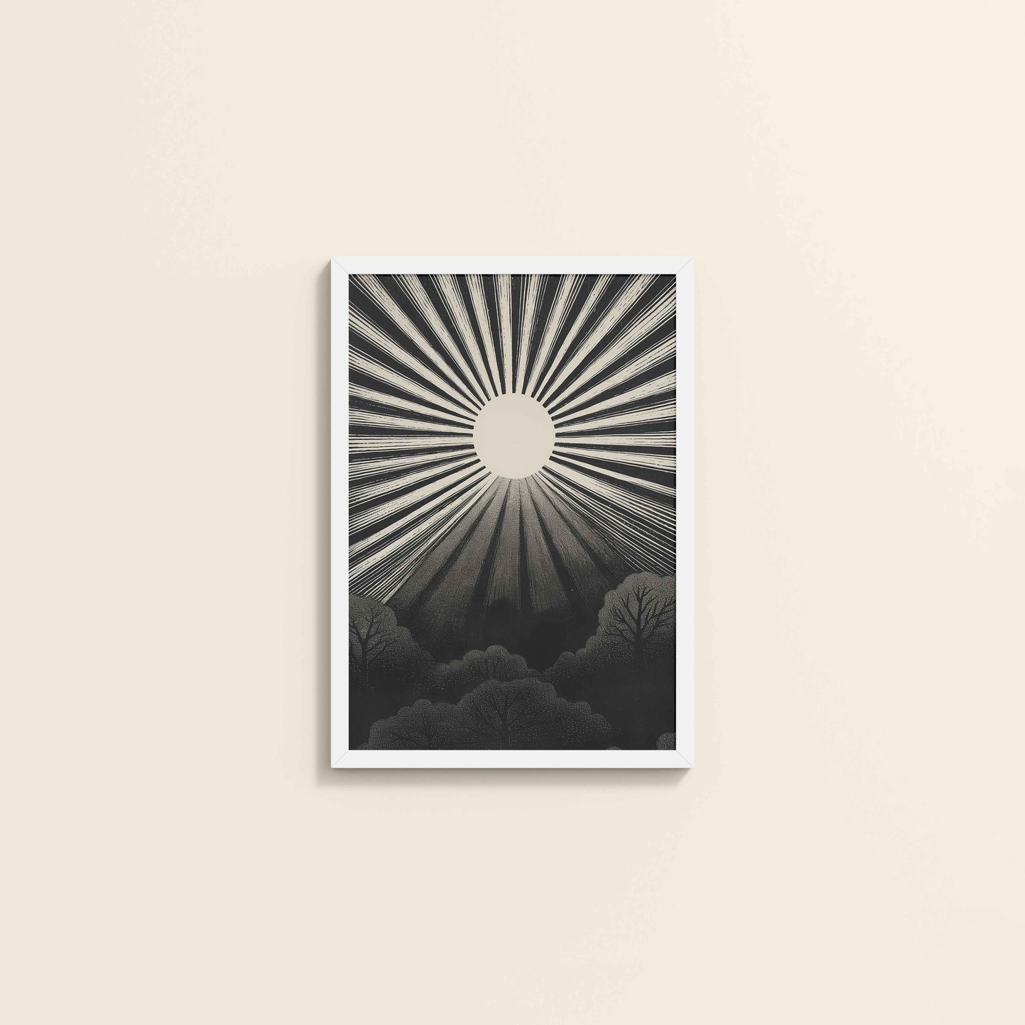 Wall View of Nature's Glow – Sunset & Trees Abstract Art Painting in White Color Frame