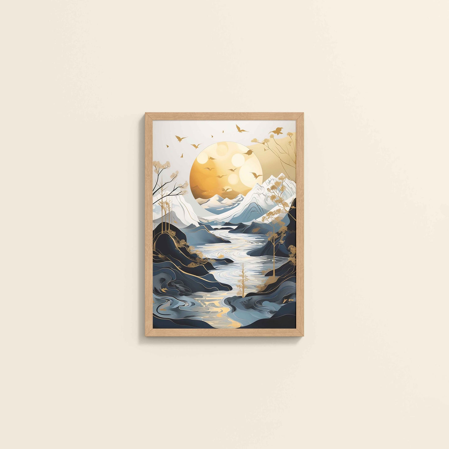 Wall View of Sun Between Peaks and Streams – Nature Abstract Art in Natrual Color Frame