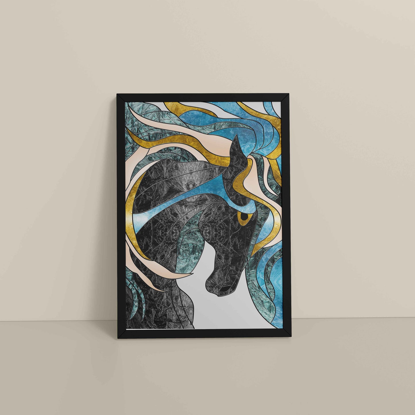 Floor View of Fluid Motion – Majestic Horse in Abstract Art in Black Color Frame