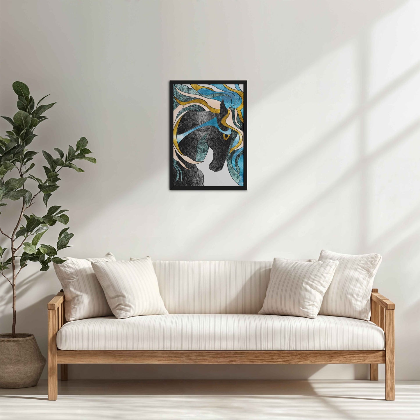 Living Room Cabinet Table Preview of Fluid Motion – Majestic Horse in Abstract Art in Black Color Frame