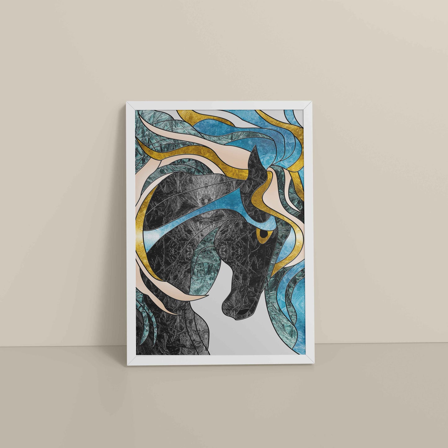 Floor View of Fluid Motion – Majestic Horse in Abstract Art in White Color Frame