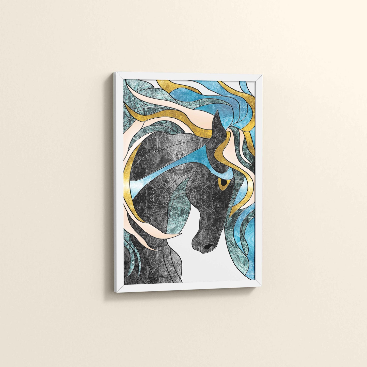 Side View of Fluid Motion – Majestic Horse in Abstract Art in White Color Frame