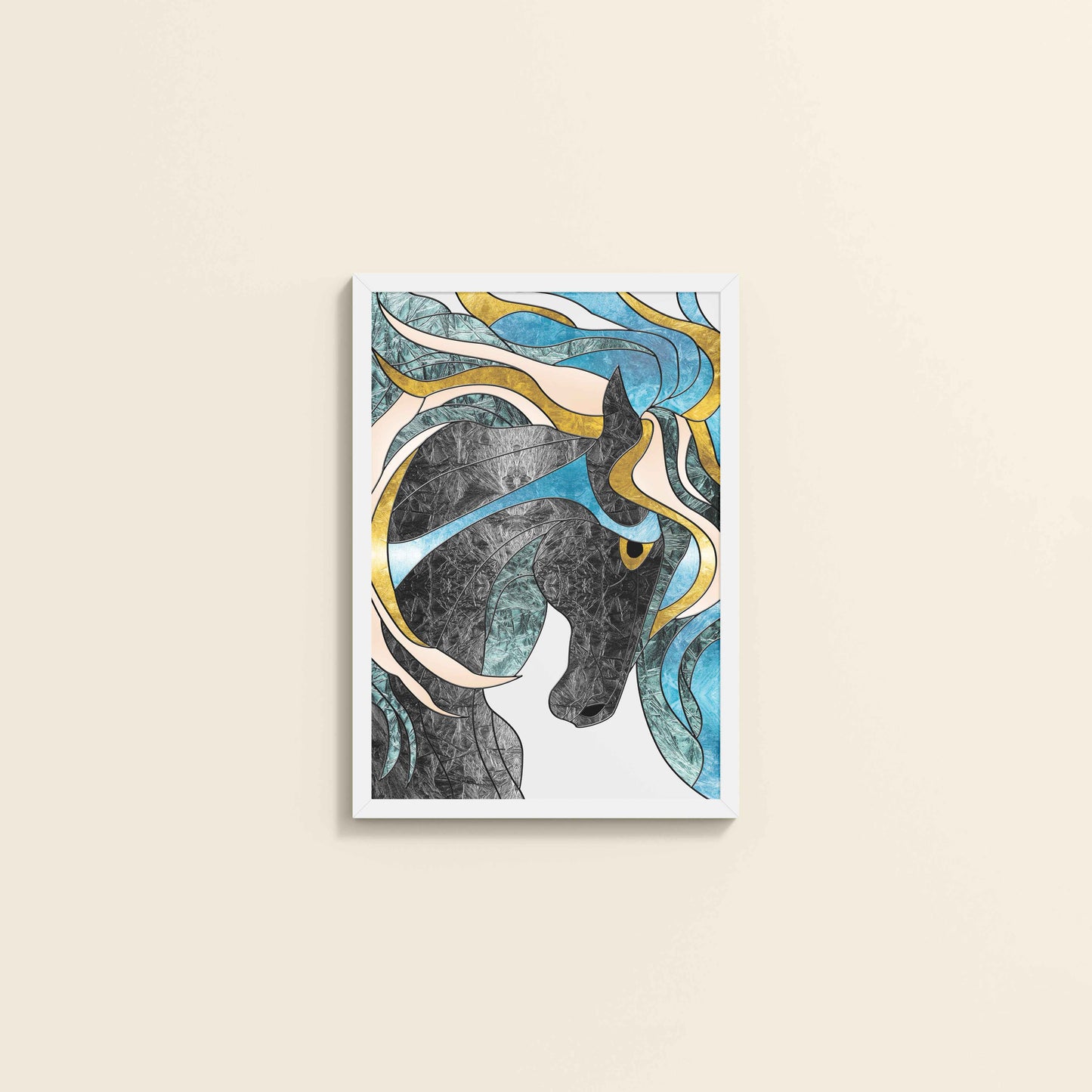Wall View of Fluid Motion – Majestic Horse in Abstract Art in White Color Frame