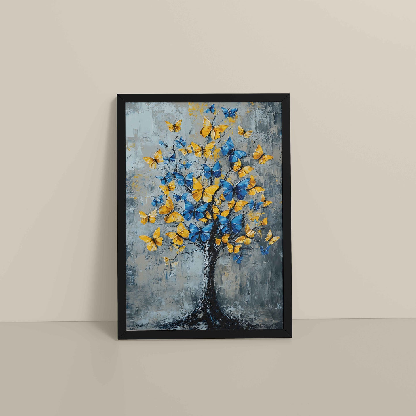 Floor View of Tree of Colorful Butterflies – Abstract Art Painting in Black Color Frame
