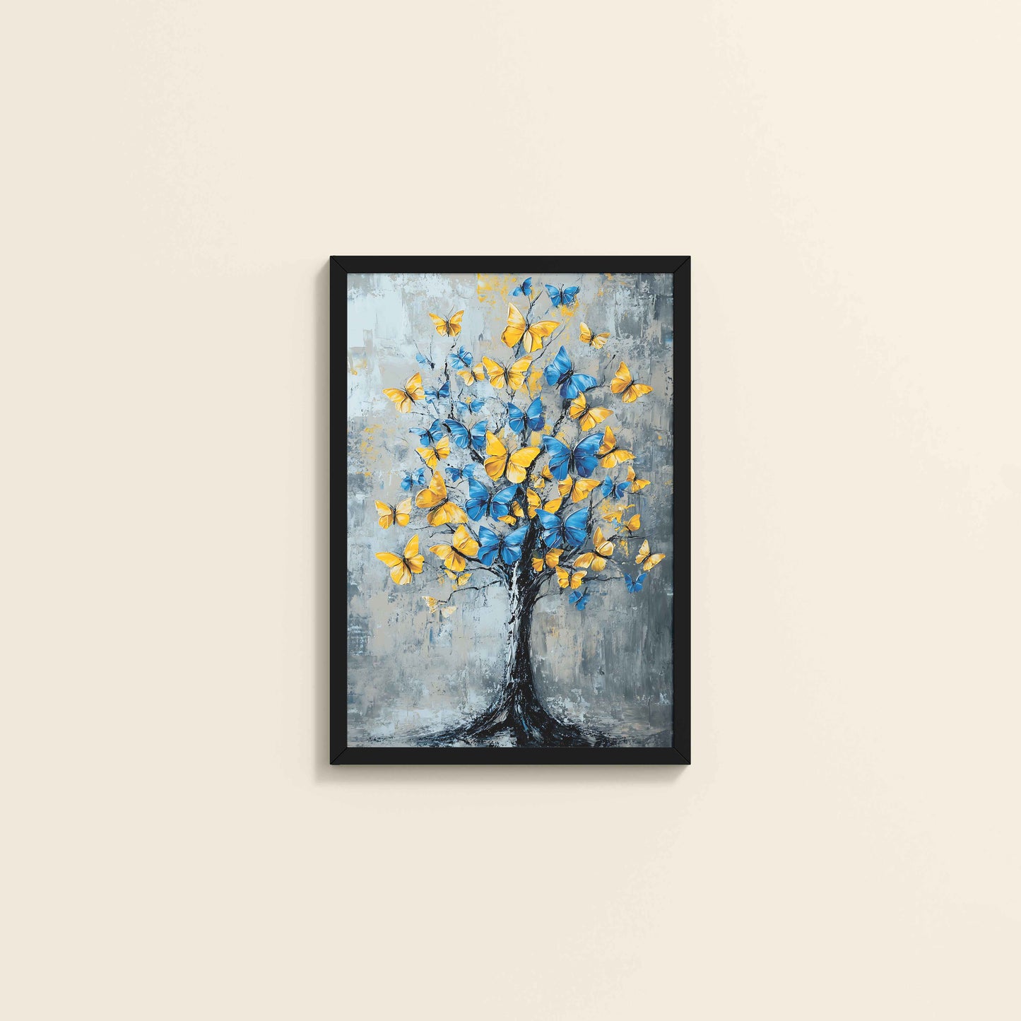 Wall View of Tree of Colorful Butterflies – Abstract Art Painting in Black Color Frame