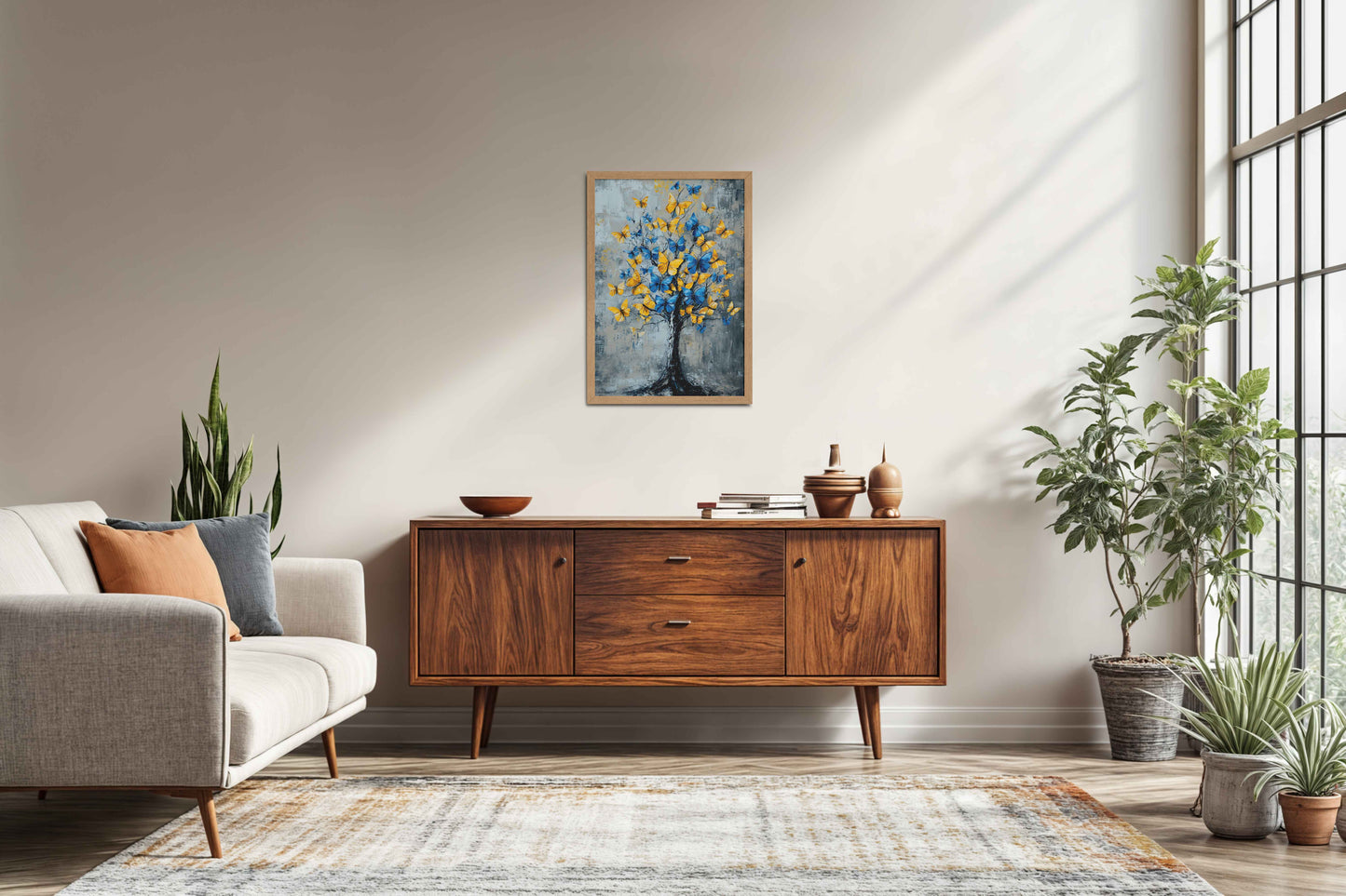 Living Room Sofa Preview of Tree of Colorful Butterflies – Abstract Art Painting in Natrual Color Frame