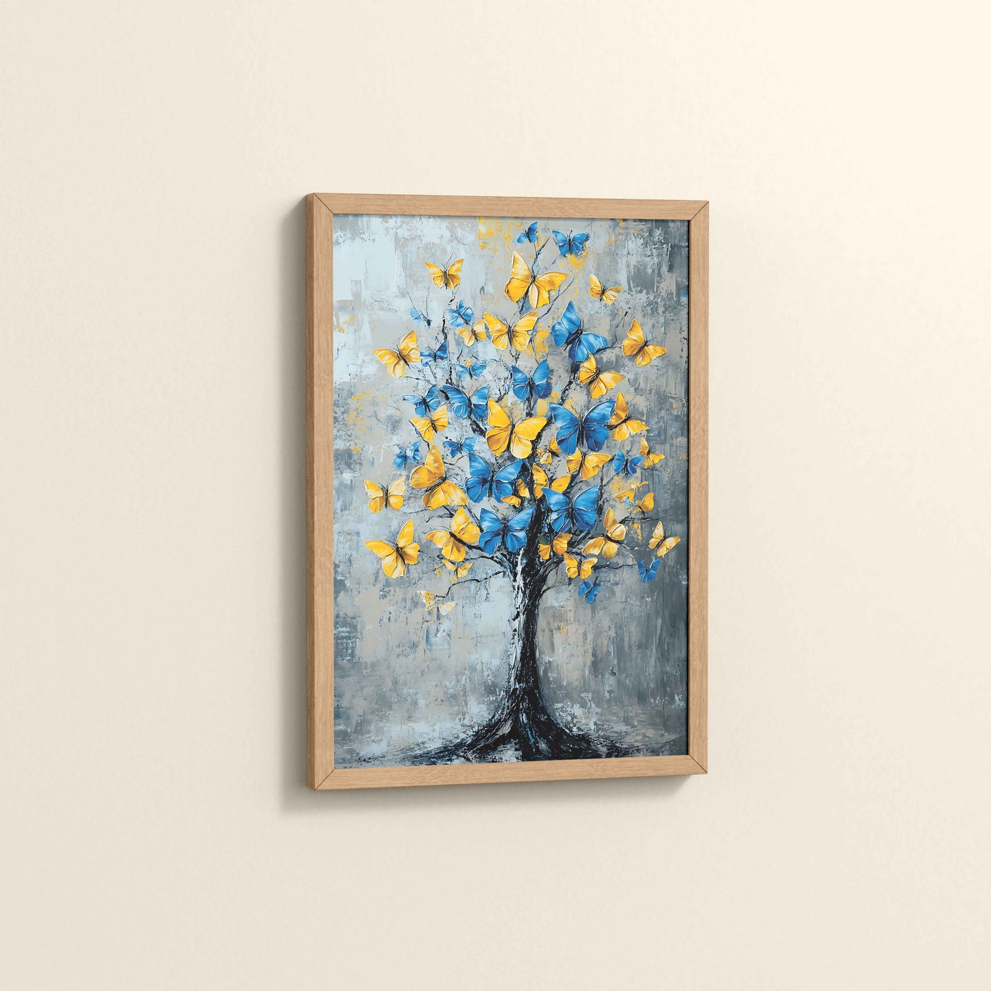 Side View of Tree of Colorful Butterflies – Abstract Art Painting in Natrual Color Frame