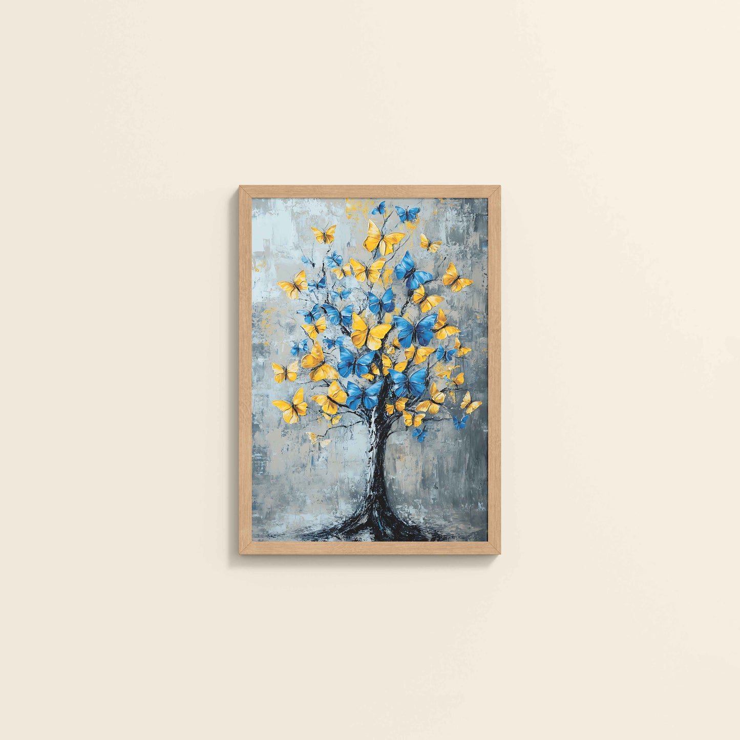 Wall View of Tree of Colorful Butterflies – Abstract Art Painting in Natrual Color Frame