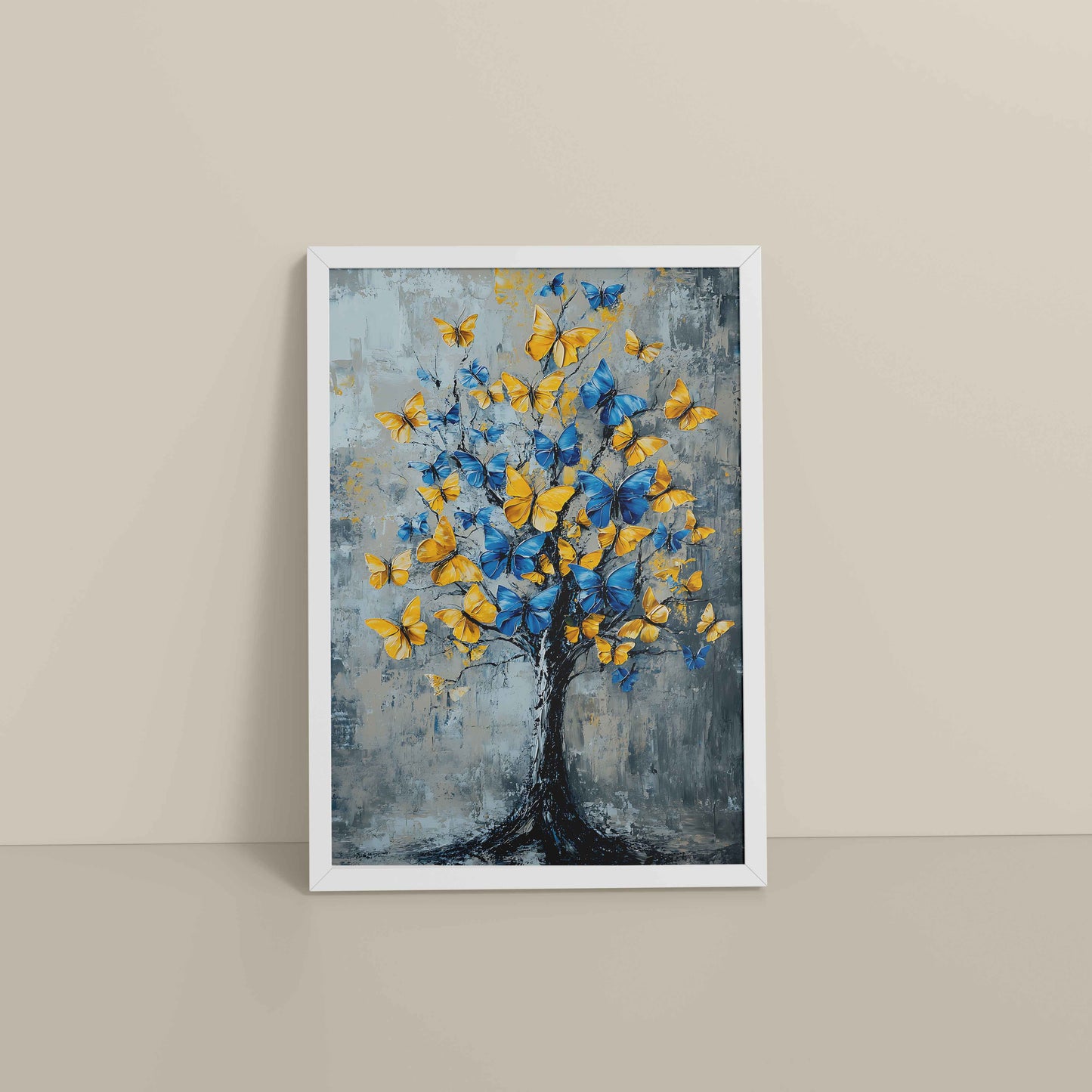 Floor View of Tree of Colorful Butterflies – Abstract Art Painting in White Color Frame