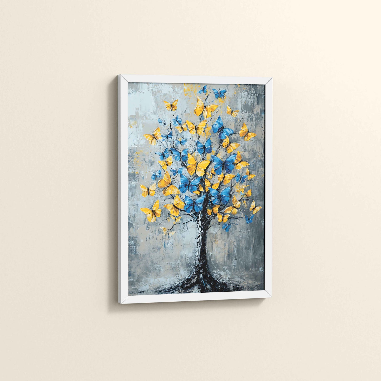 Side View of Tree of Colorful Butterflies – Abstract Art Painting in White Color Frame