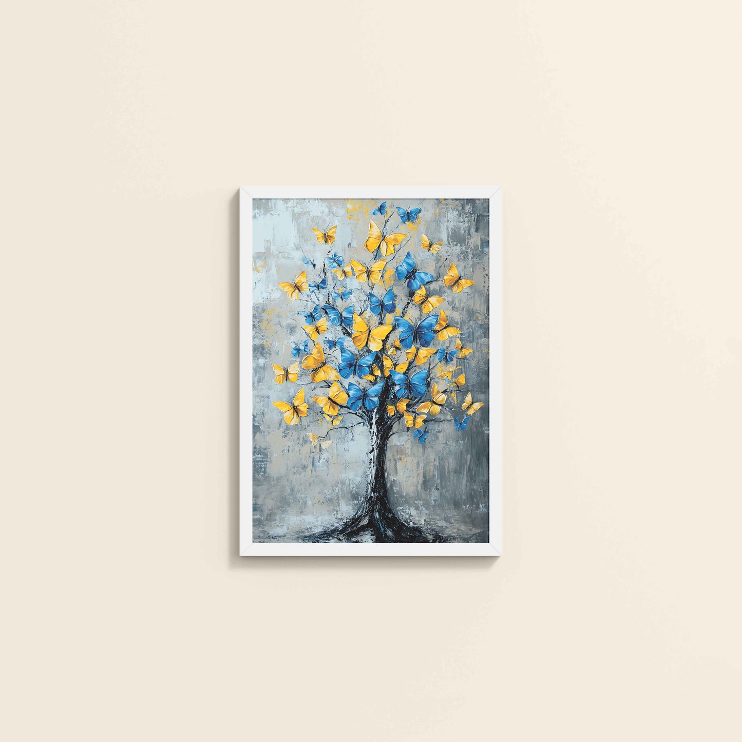 Wall View of Tree of Colorful Butterflies – Abstract Art Painting in White Color Frame
