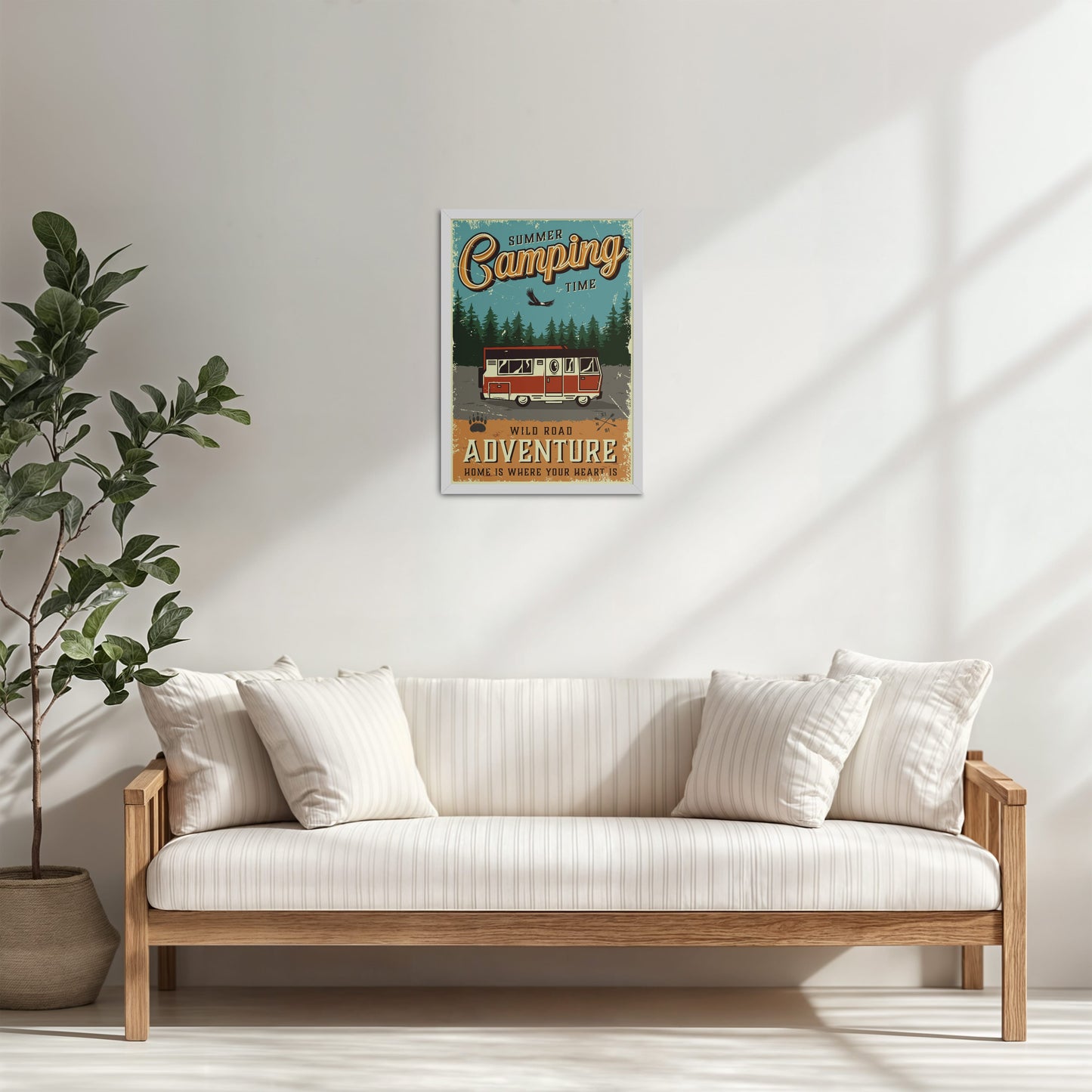 Living Room Cabinet Table Preview of Wild Road Adventure – Summer Camping Wall Art in White Color Frame