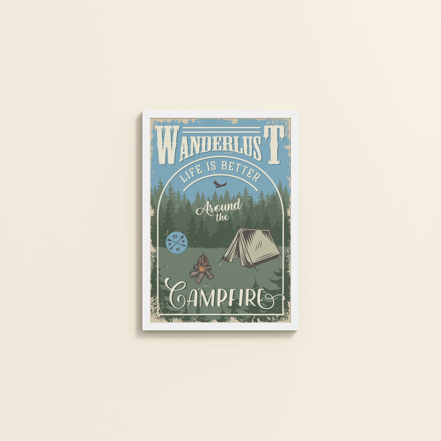 Wall View of Wanderlust Life Around the Campfire Wall Art in White Color Frame