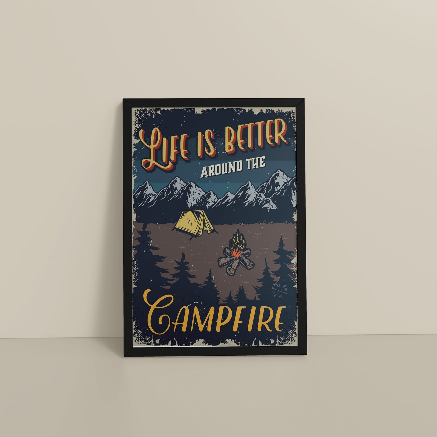 Floor View of Life is Better Around the Campfire Wall Art Decor in Black Color Frame