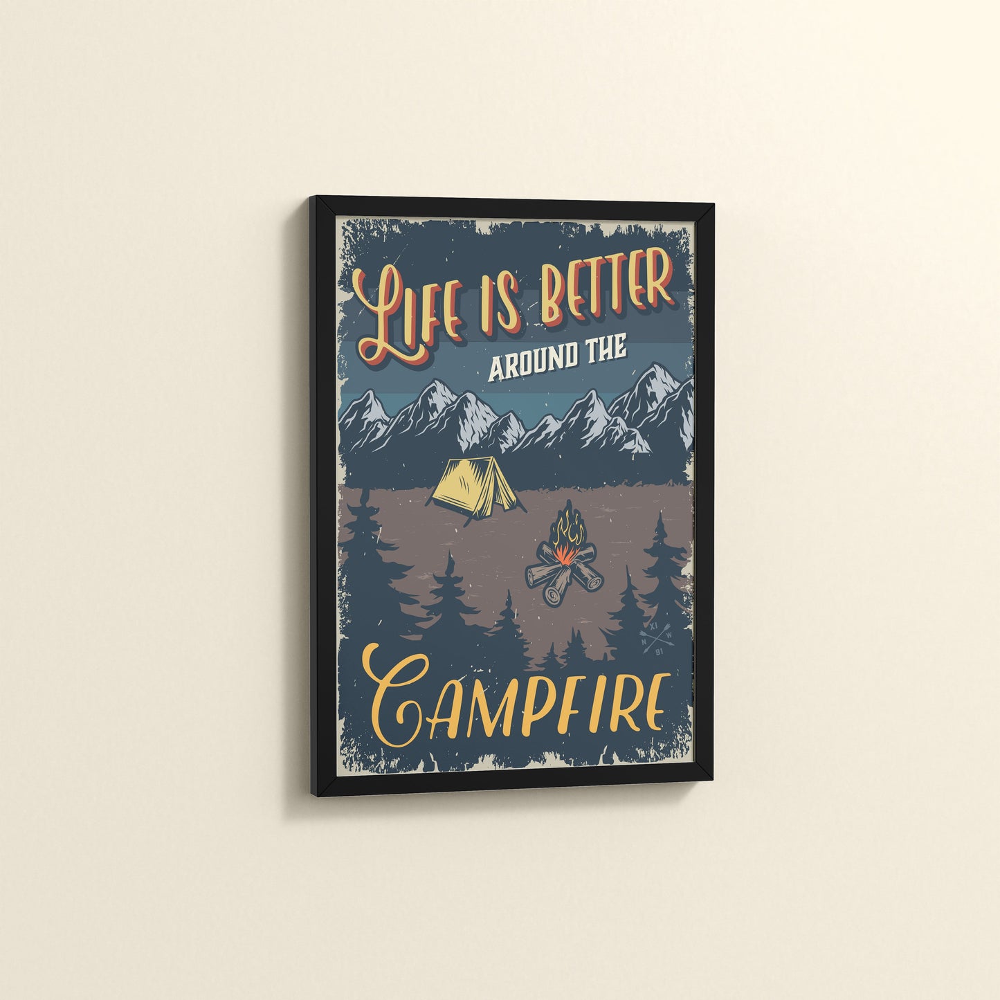 Side View of Life is Better Around the Campfire Wall Art Decor in Black Color Frame