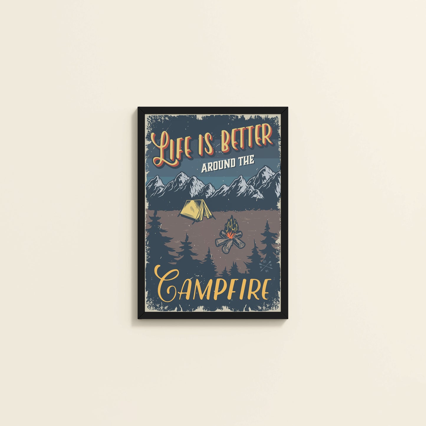 Wall View of Life is Better Around the Campfire Wall Art Decor in Black Color Frame