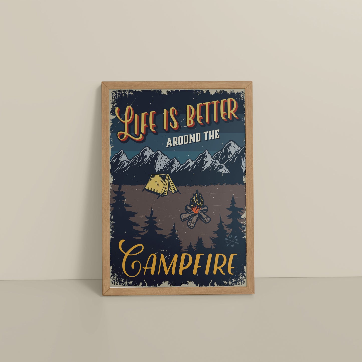 Floor View of Life is Better Around the Campfire Wall Art Decor in Natrual Color Frame