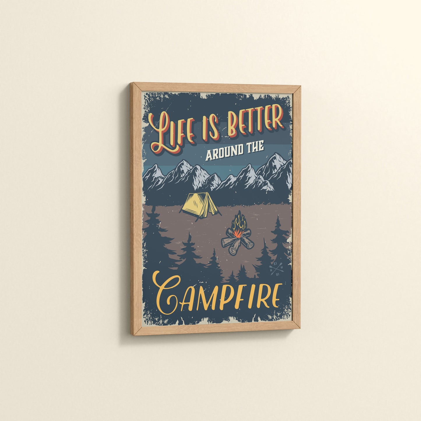 Side View of Life is Better Around the Campfire Wall Art Decor in Natrual Color Frame