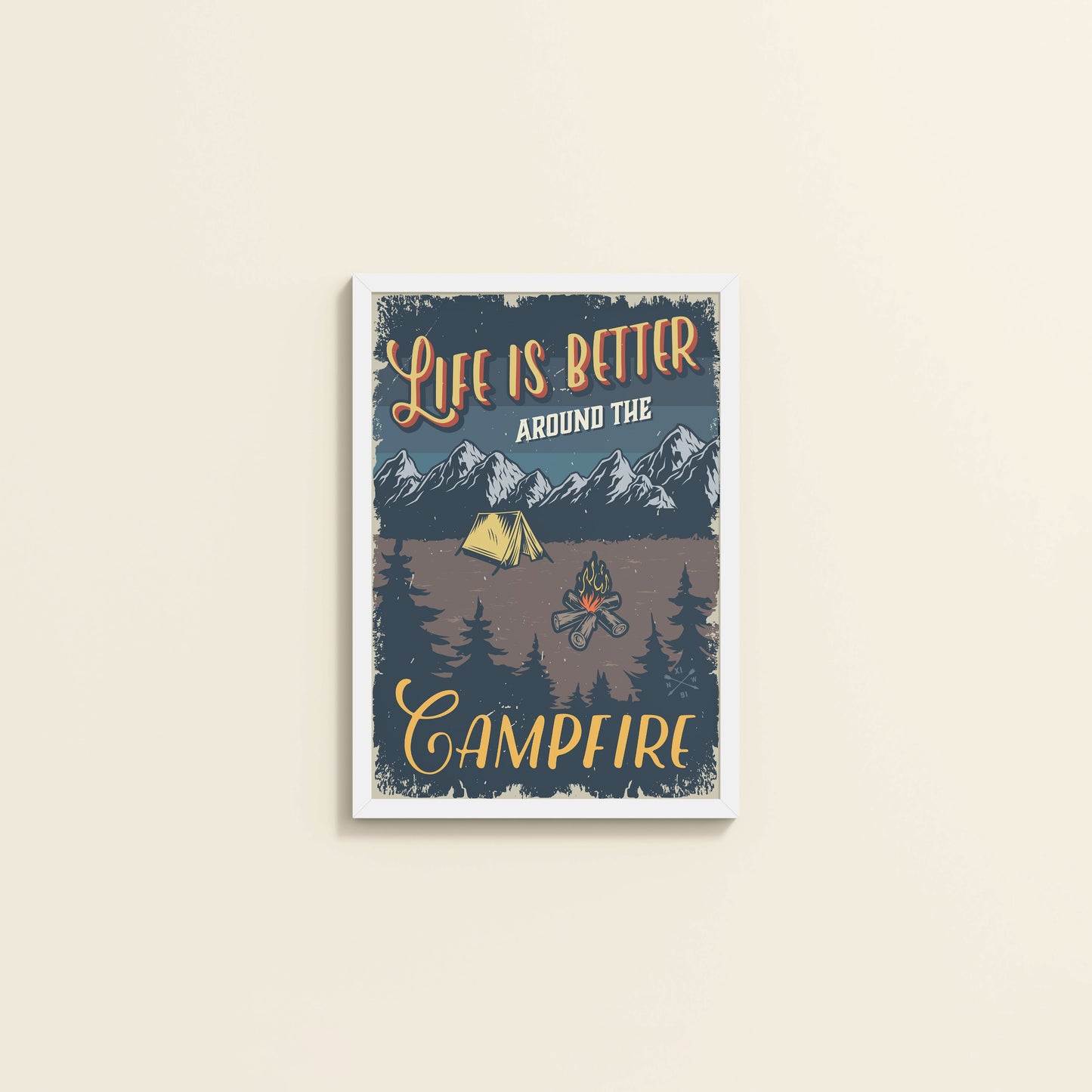 Wall View of Life is Better Around the Campfire Wall Art Decor in White Color Frame