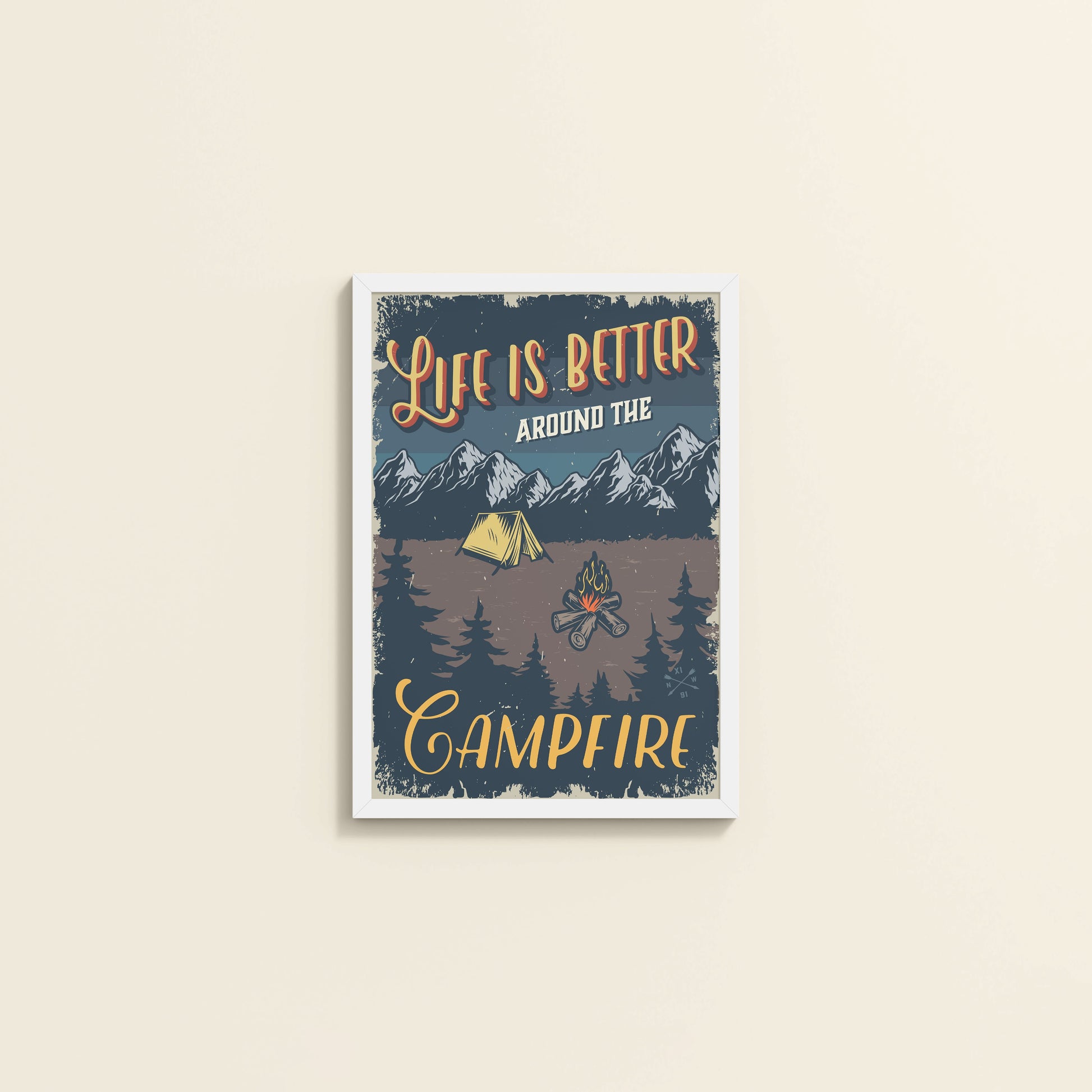 Wall View of Life is Better Around the Campfire Wall Art Decor in White Color Frame