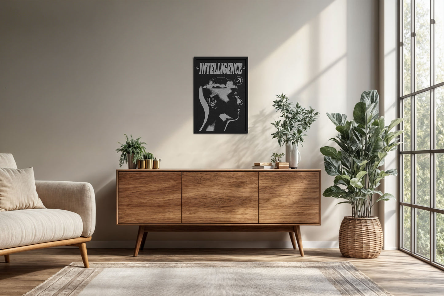 Living Room Cabinet Preview of Retro Vision – Brain & Head Intelligence Wall Art in Black Color Frame