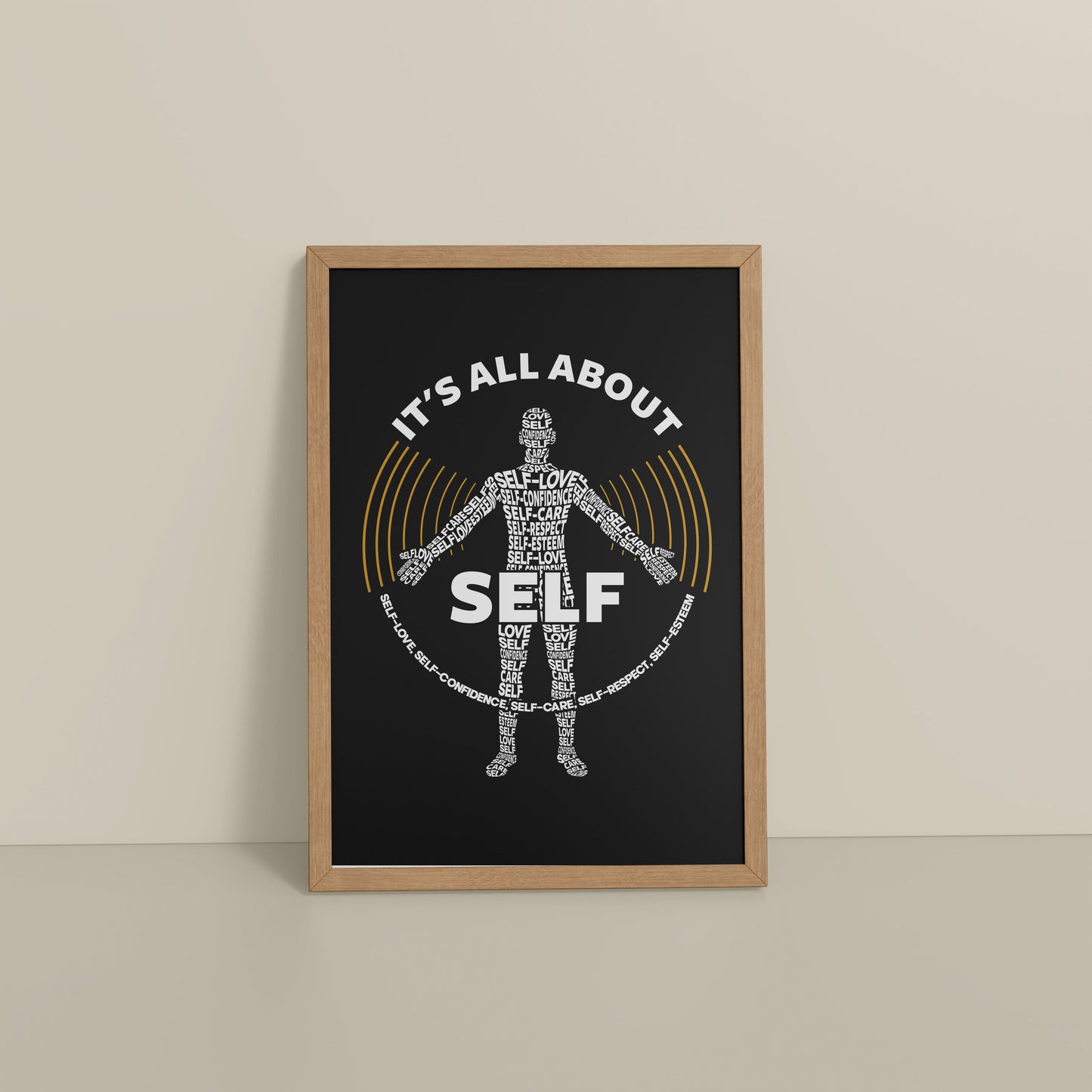 Floor View of Inner Focus – It's All About Self Motivational Quote Wall Frame in Natrual Color Frame