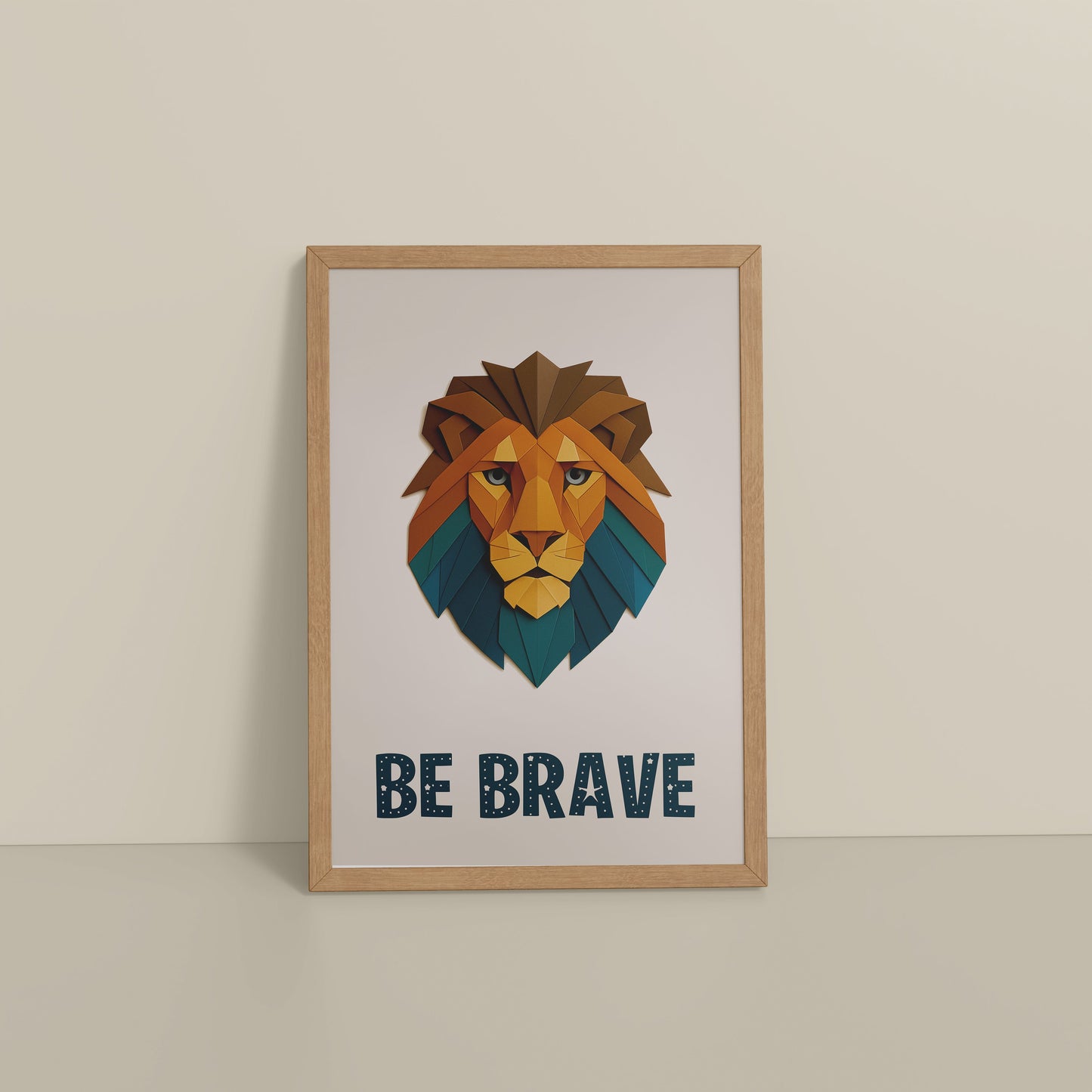 Floor View of Be Brave Like a Lion Wall Art in Natrual Color Frame
