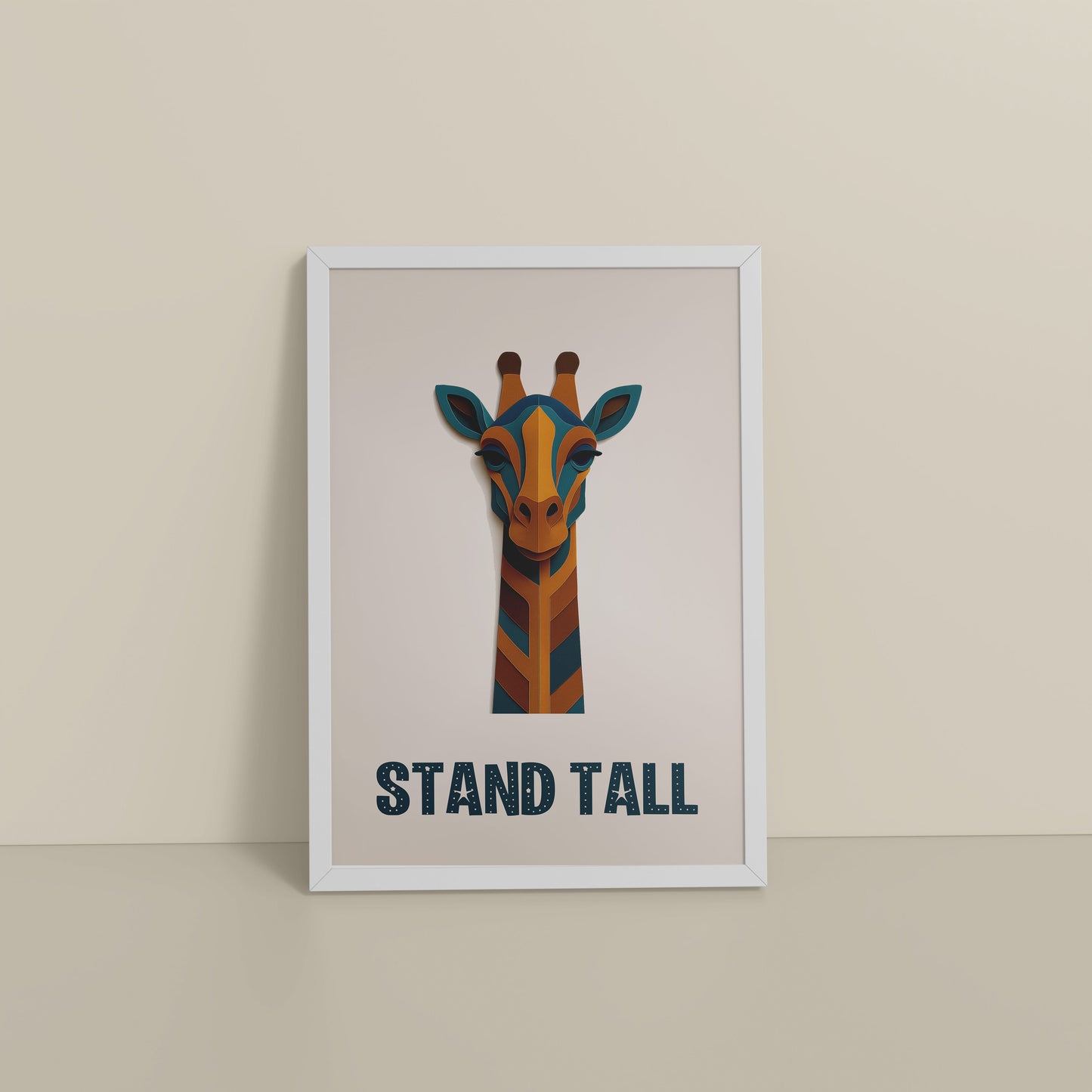 Floor View of Stand Tall Inspirational Giraffe Wall Decor in White Color Frame