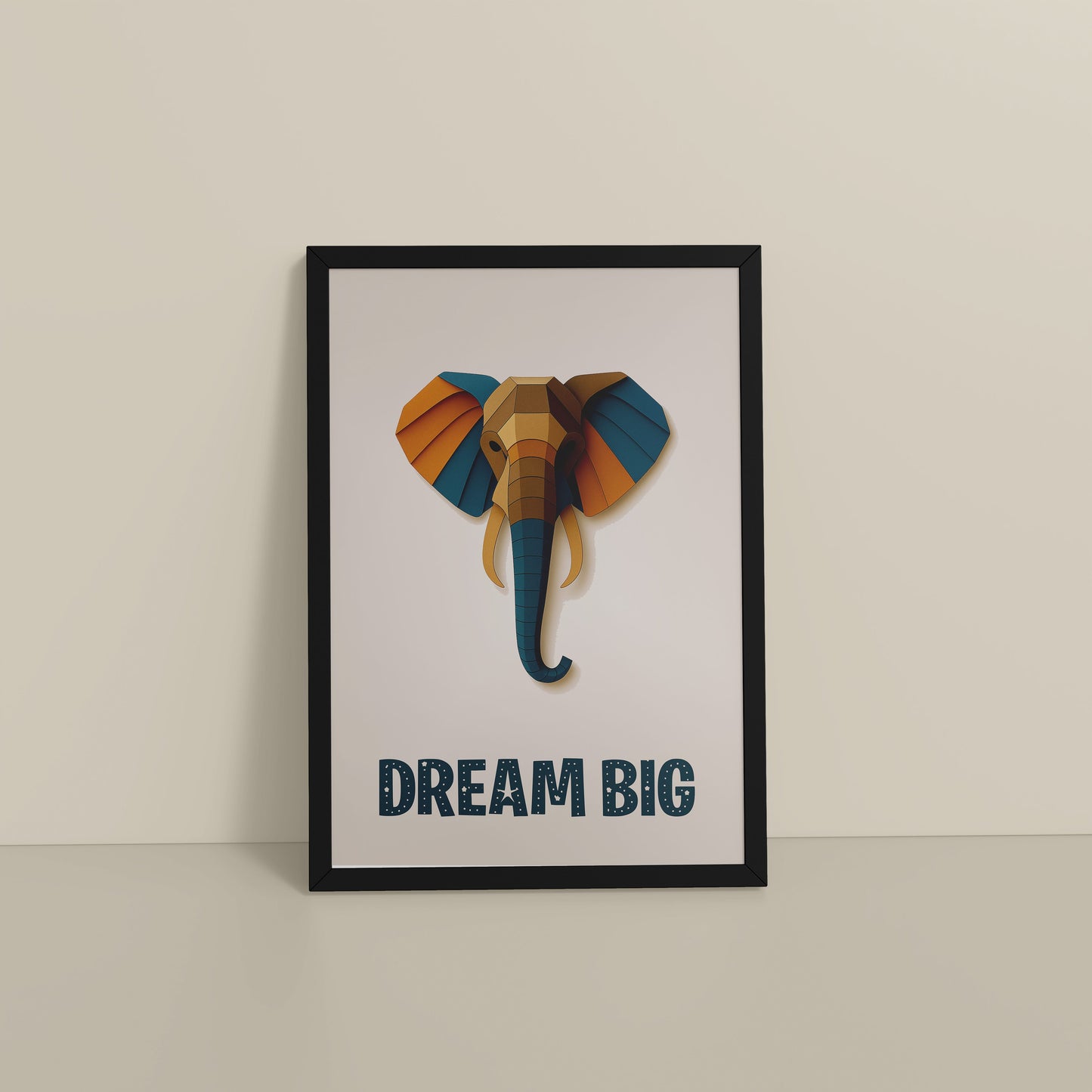 Floor View of Dream Big Elephant Wall Art Decor in Black Color Frame