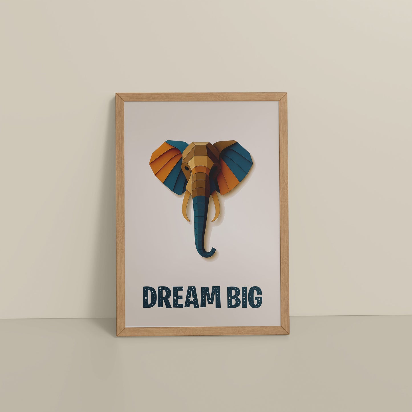 Floor View of Dream Big Elephant Wall Art Decor in Natrual Color Frame