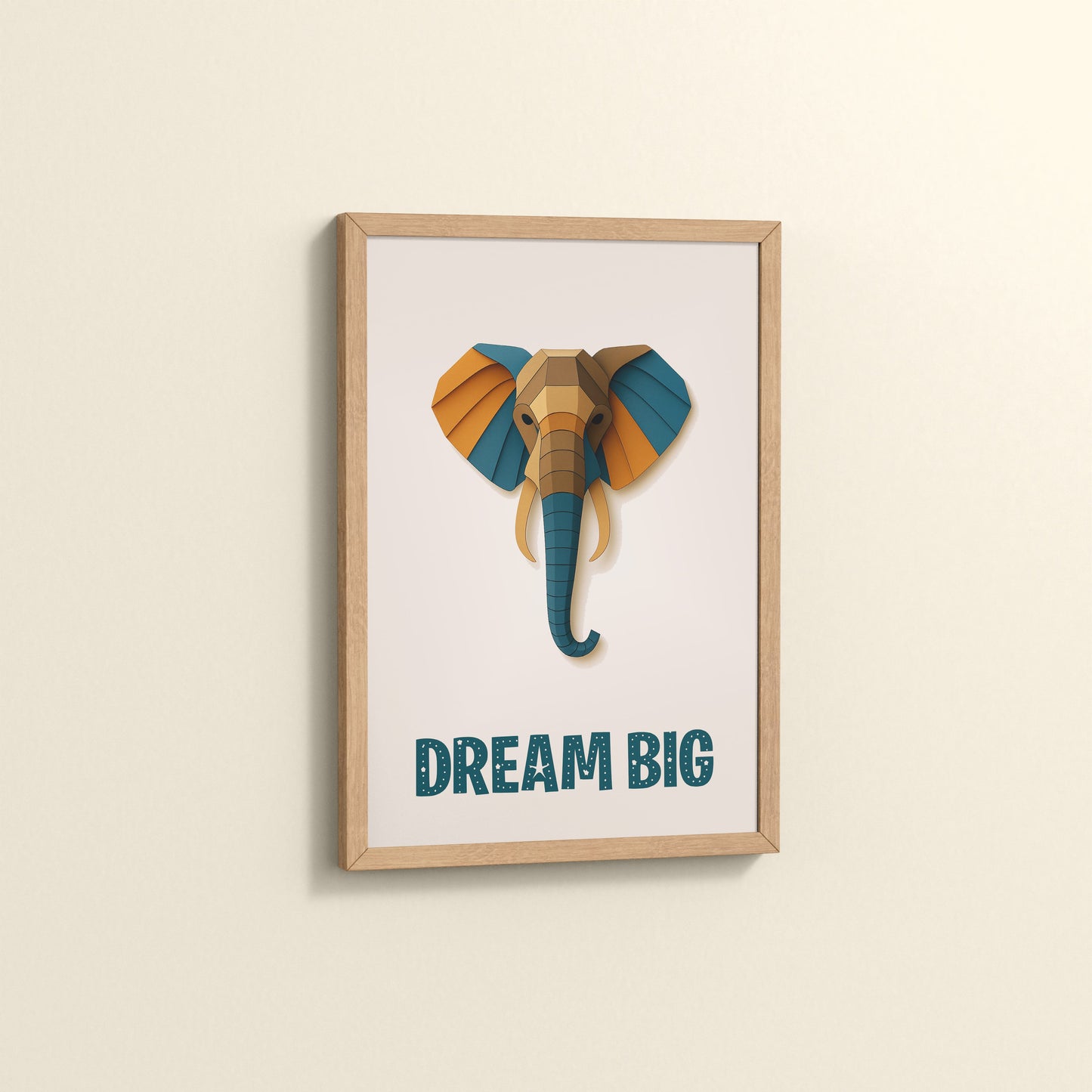 Side View of Dream Big Elephant Wall Art Decor in Natrual Color Frame