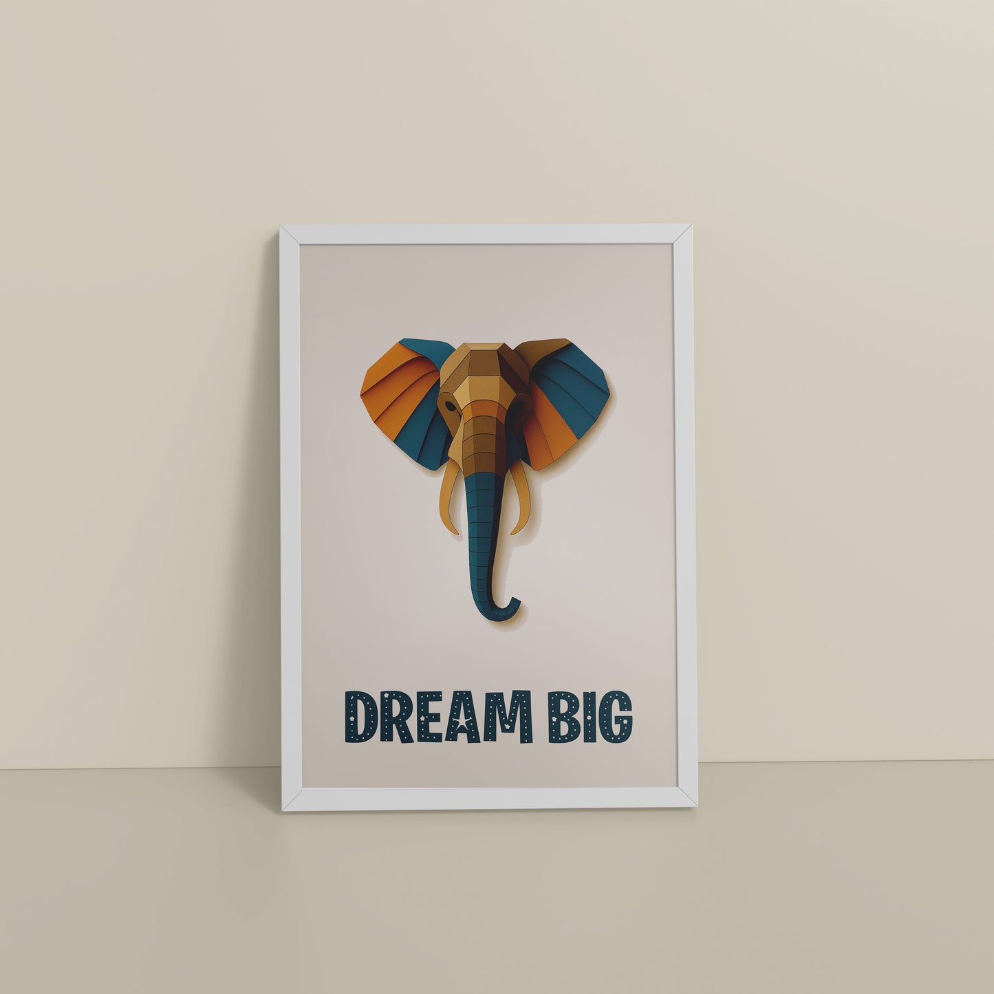 Floor View of Dream Big Elephant Wall Art Decor in White Color Frame