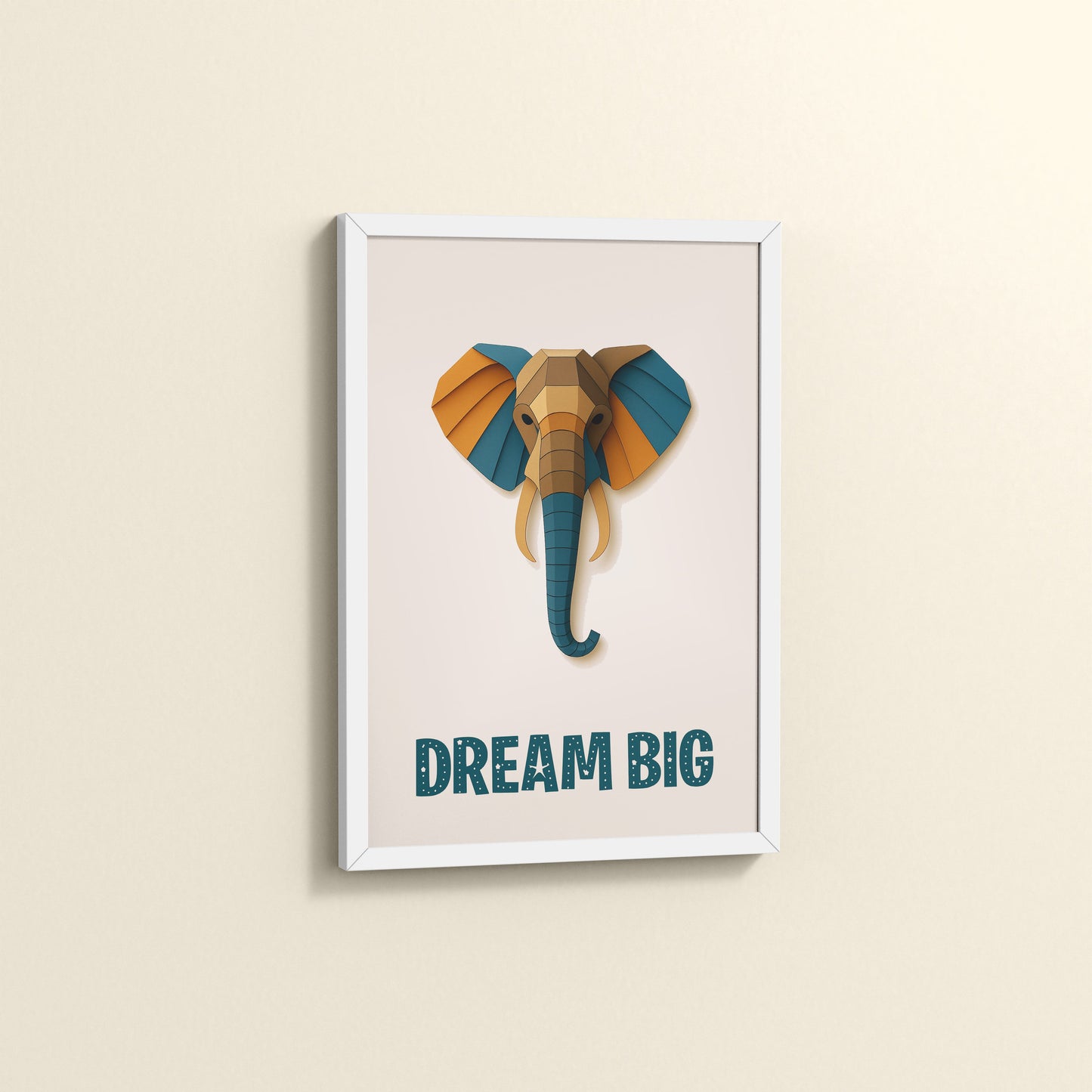 Side View of Dream Big Elephant Wall Art Decor in White Color Frame