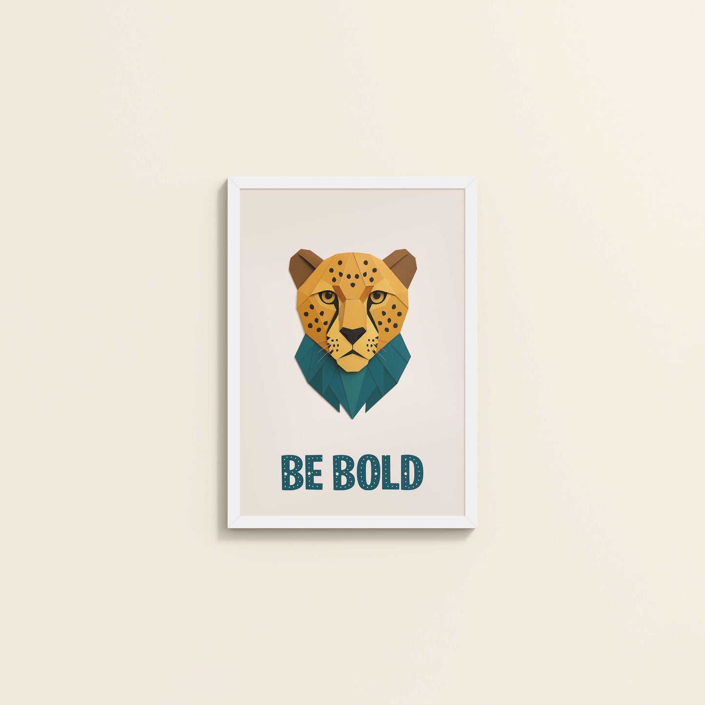 Wall View of Be Bold Like a Cheetah – Motivational Photo Frame in White Color Frame