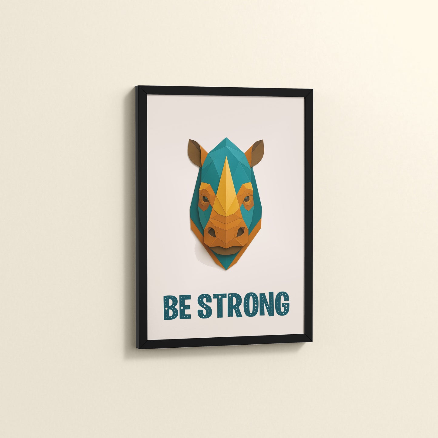 Side View of Be Strong Like a Rhino Inspirational Wall Decor in Black Color Frame