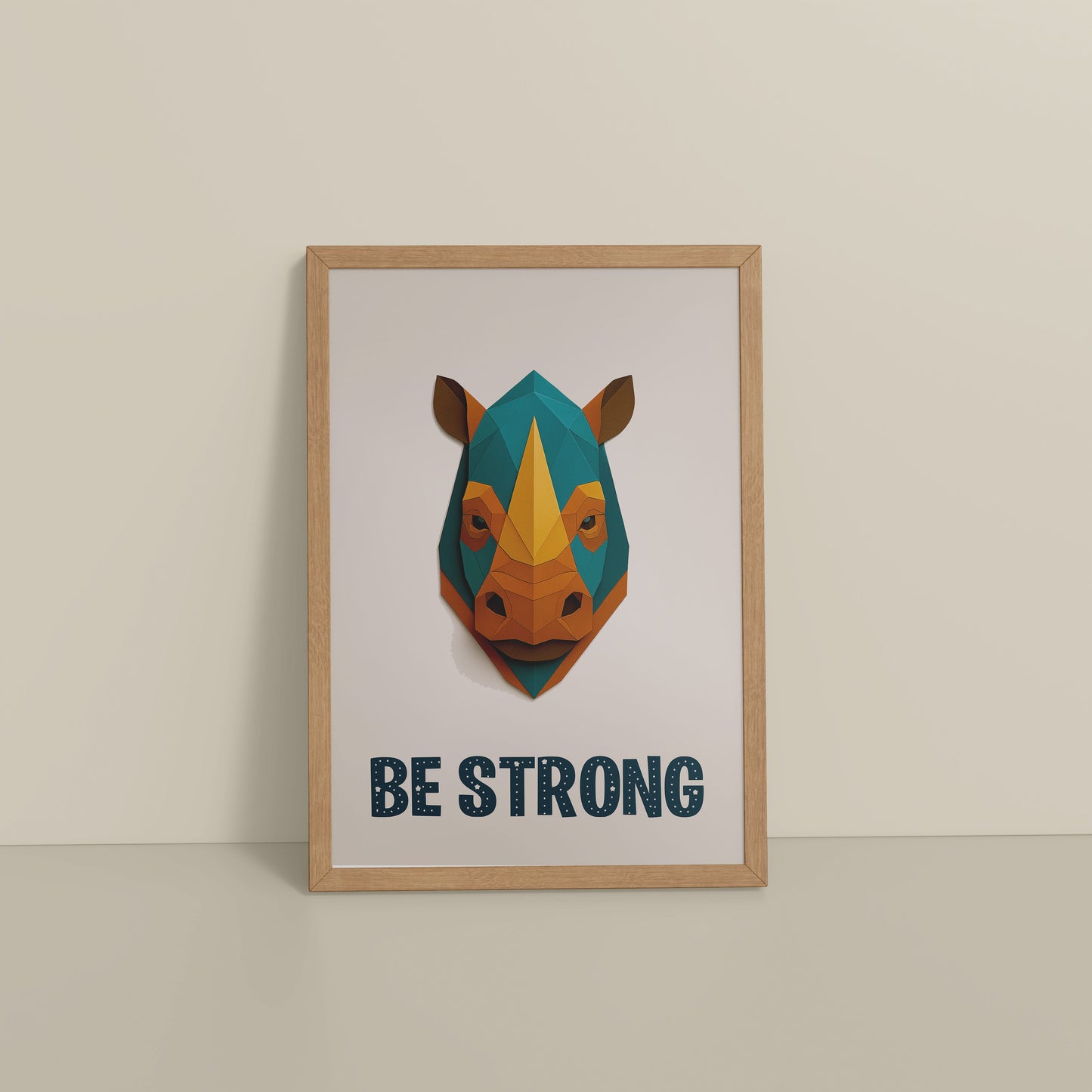 Floor View of Be Strong Like a Rhino Inspirational Wall Decor in Natrual Color Frame