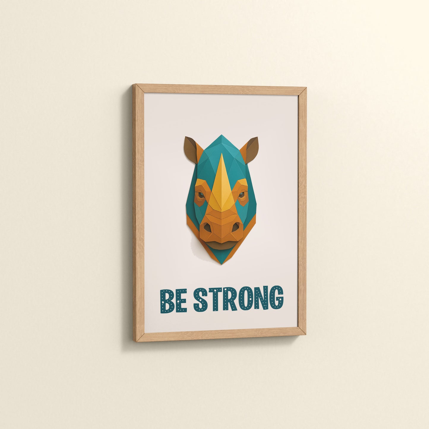 Side View of Be Strong Like a Rhino Inspirational Wall Decor in Natrual Color Frame