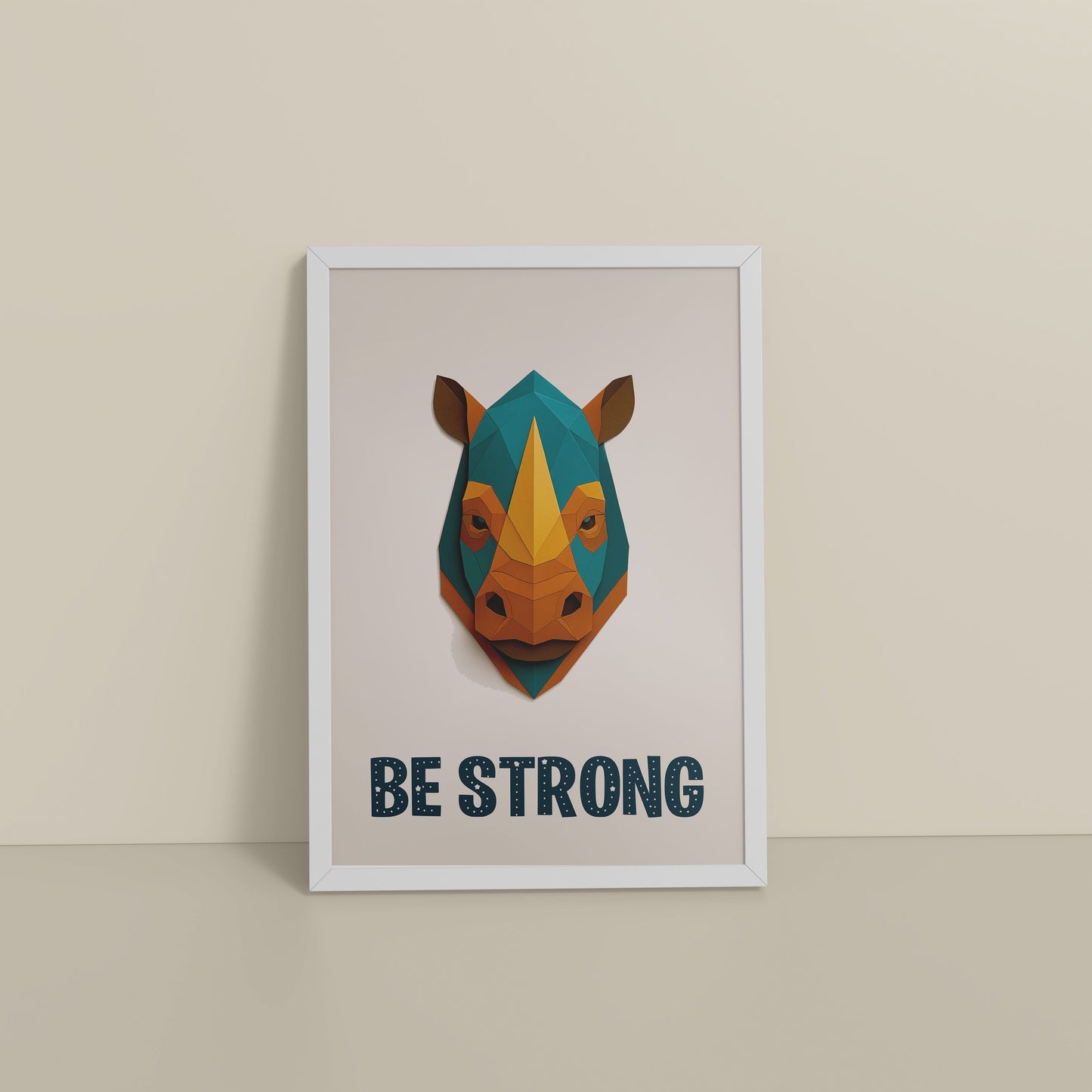 Floor View of Be Strong Like a Rhino Inspirational Wall Decor in White Color Frame